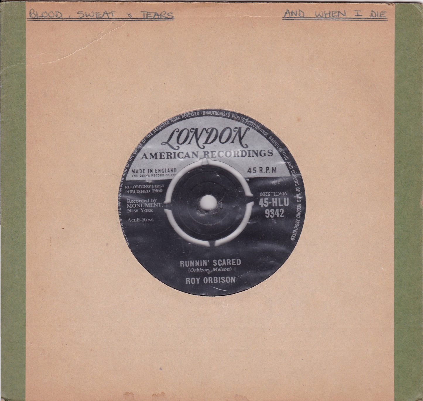 Roy Orbison ‎– Runnin' Scared (London 1961) 7" vinyl single G+/-