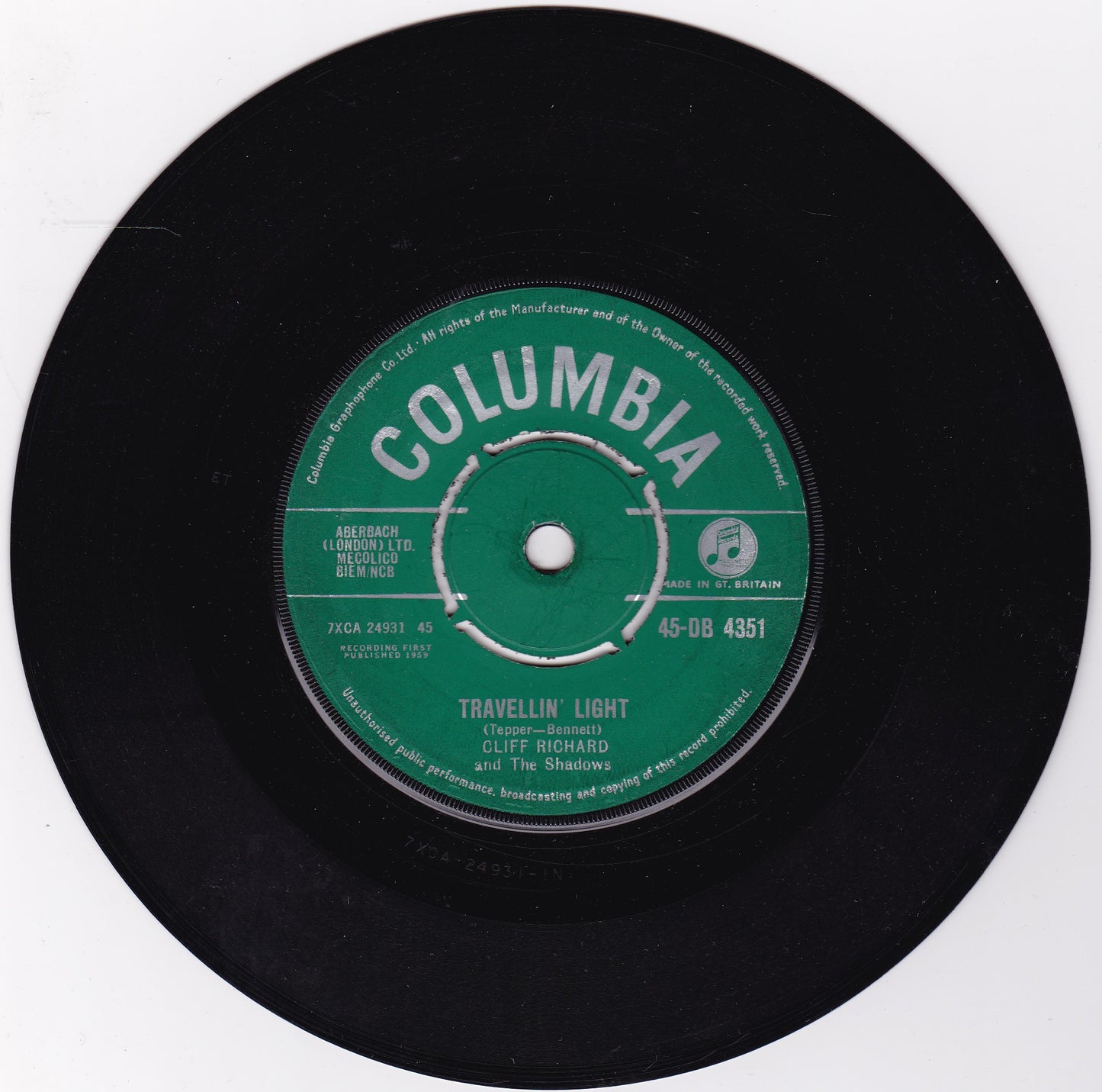 Cliff Richard And The Shadows ‎– Travellin' Light (Columbia 1959) 7" vinyl single VG/-