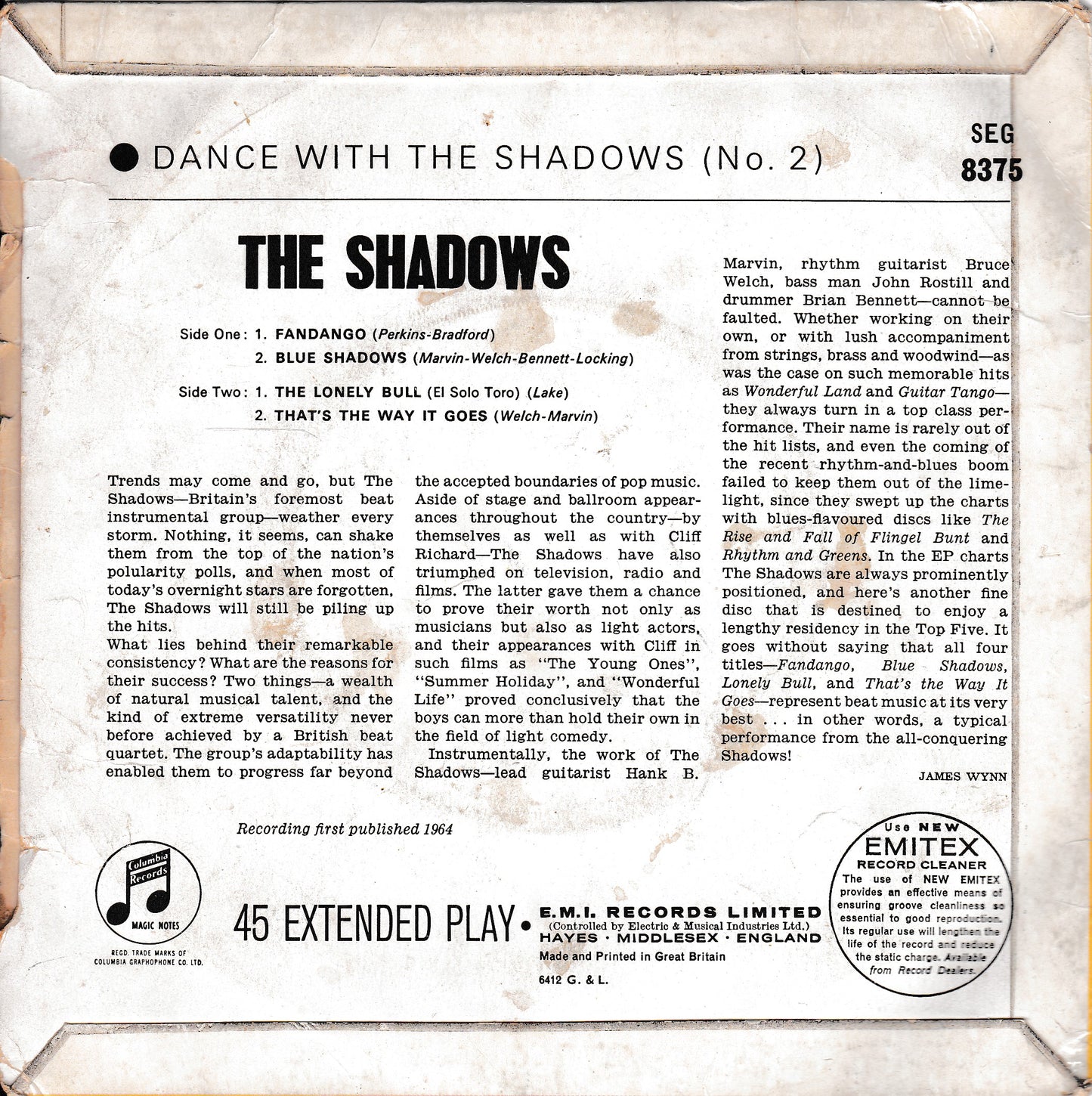 The Shadows - Dance With The Shadows (No. 2) (Columbia 1964) 7" vinyl EP G+/G+