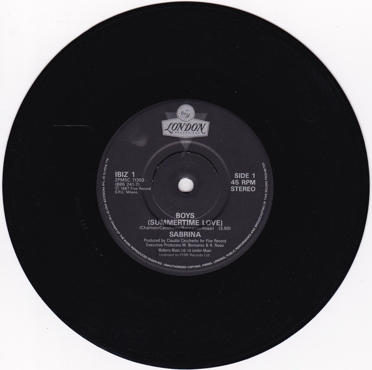 Sabrina ‎– Boys (Summertime Love) (London 1988) 7" vinyl P/S single G+/G+