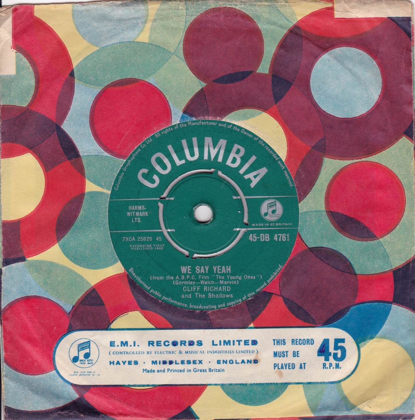 Cliff Richard And The Shadows ‎– The Young Ones (Columbia 1962) 7" vinyl single VG/VG