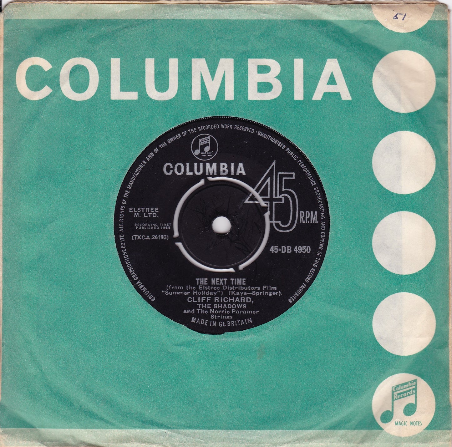 Cliff Richard And The Shadows ‎– The Next Time (Columbia 1962) 7" vinyl single VG/VG