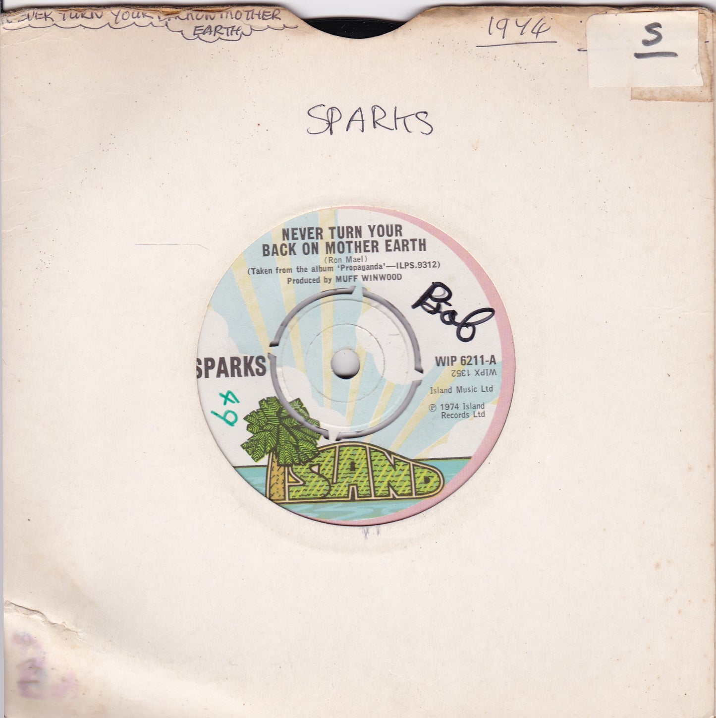 Sparks ‎– Never Turn Your Back On Mother Earth (Island 1974) 7" vinyl single G+/-