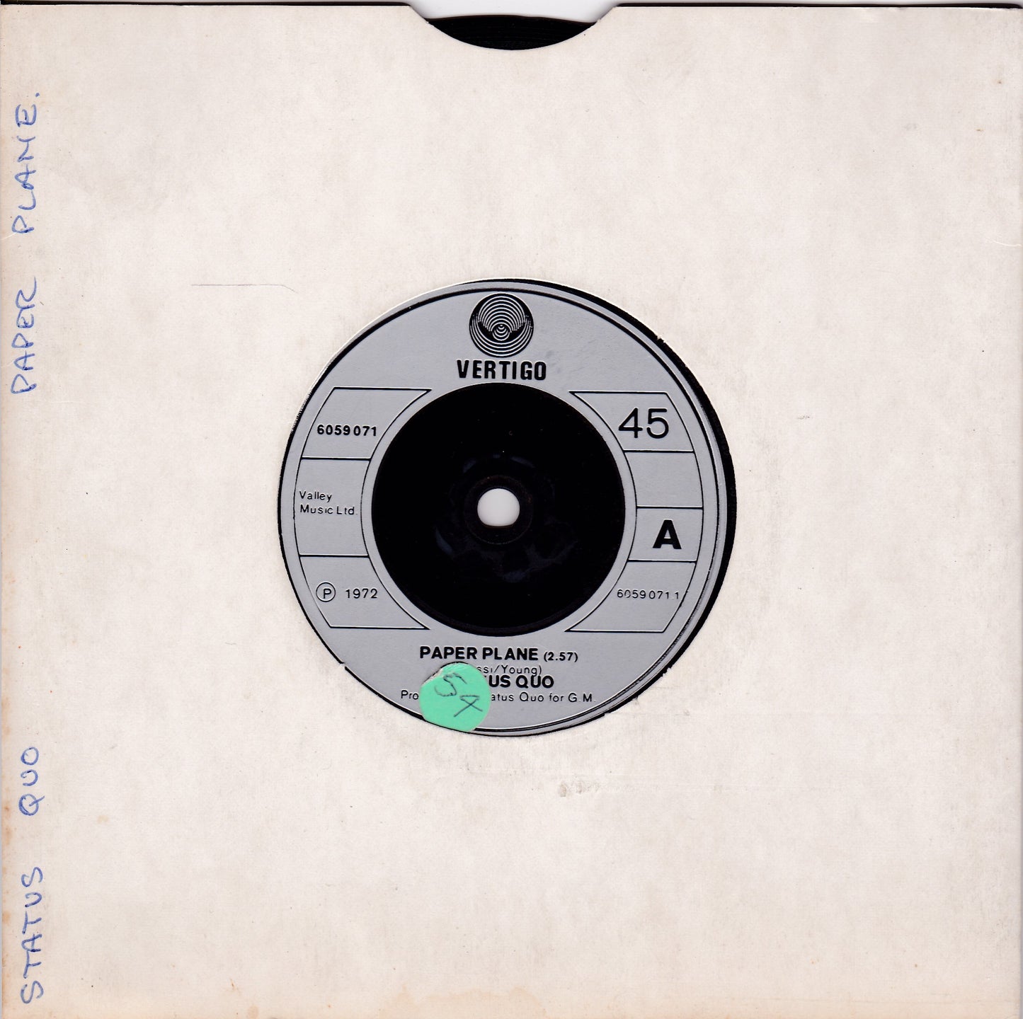 Status Quo ‎– Paper Plane (Vertigo 1972) 7" vinyl single G+/-