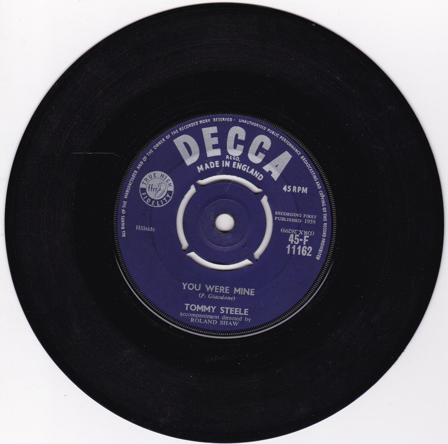 Tommy Steele – You Were Mine (Decca 1959) 7" vinyl single G+/-