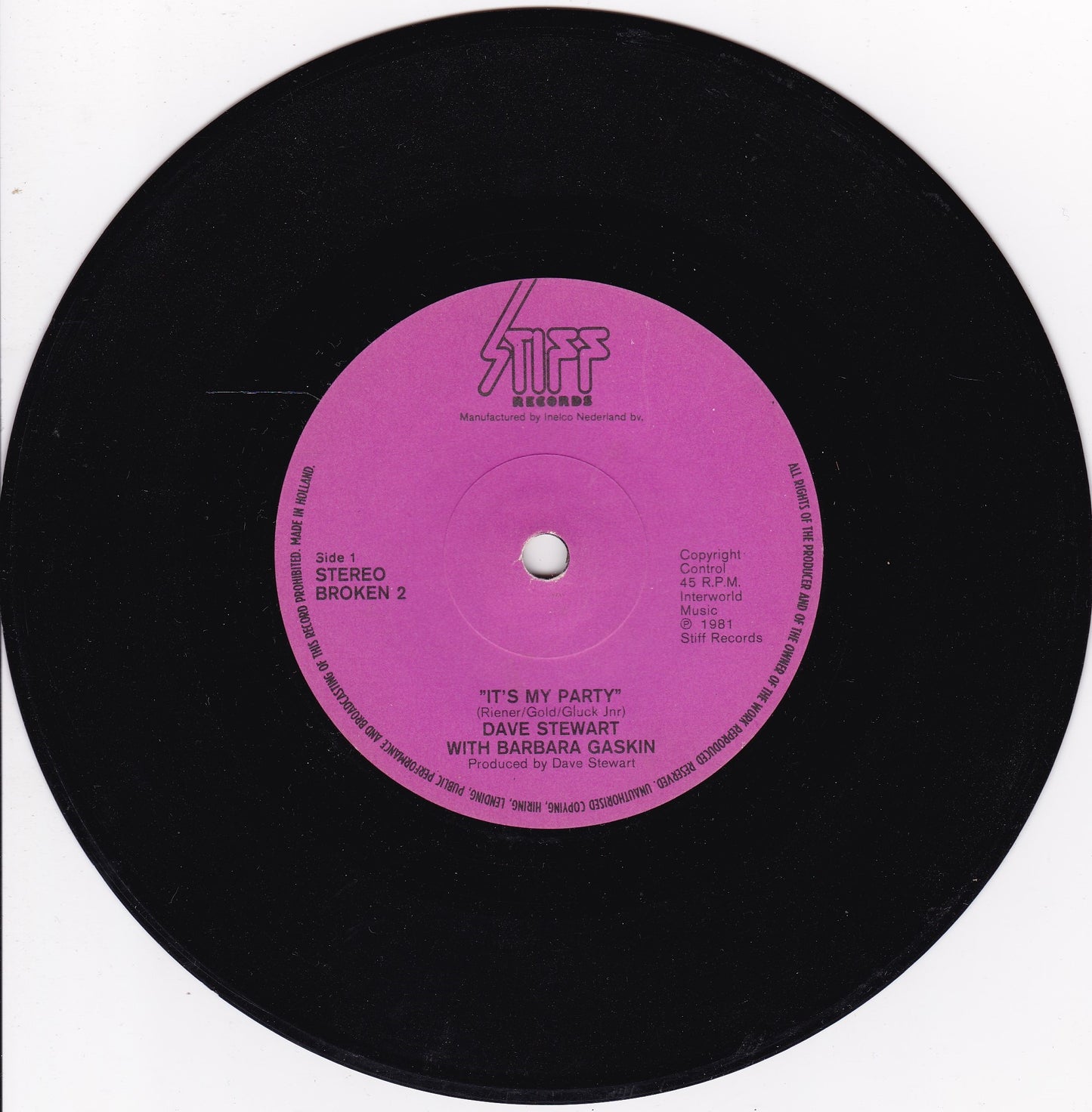 Dave Stewart With Barbara Gaskin – It's My Party (Stiff 1981) 7" vinyl single G+/-