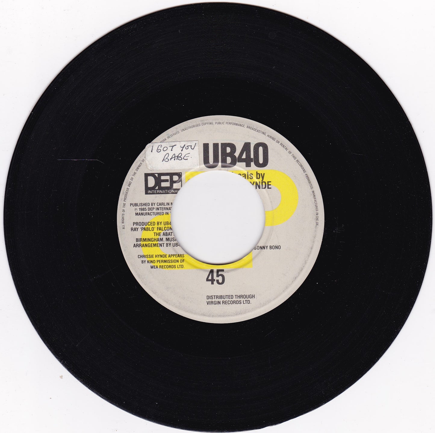 UB40 Guest Vocals by Chrissie Hynde – I Got You Babe 7" vinyl P/S single G+/VG jukebox