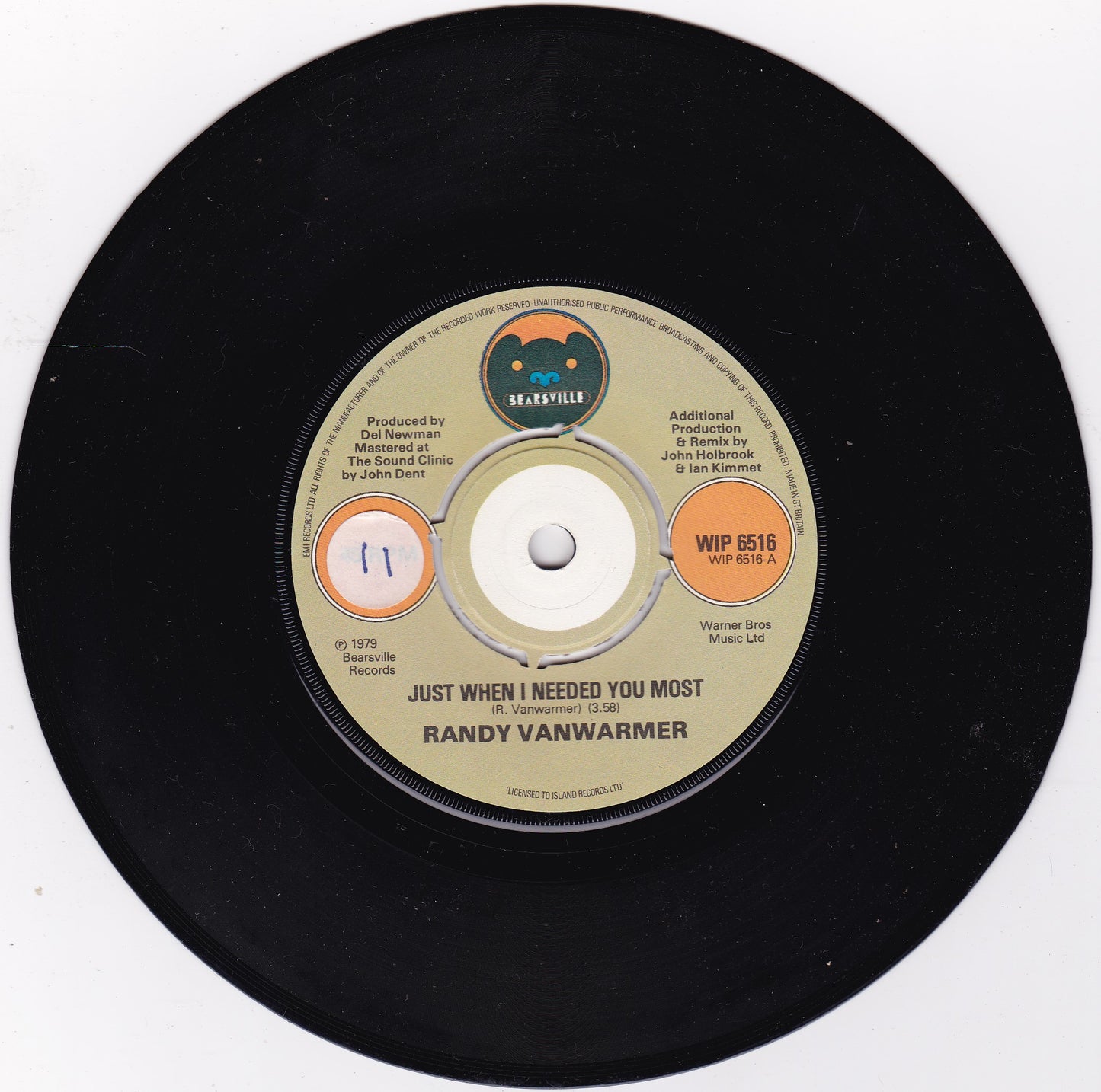 Randy Vanwarmer ‎– Just When I Needed You Most (1979) 7" vinyl single G+/-