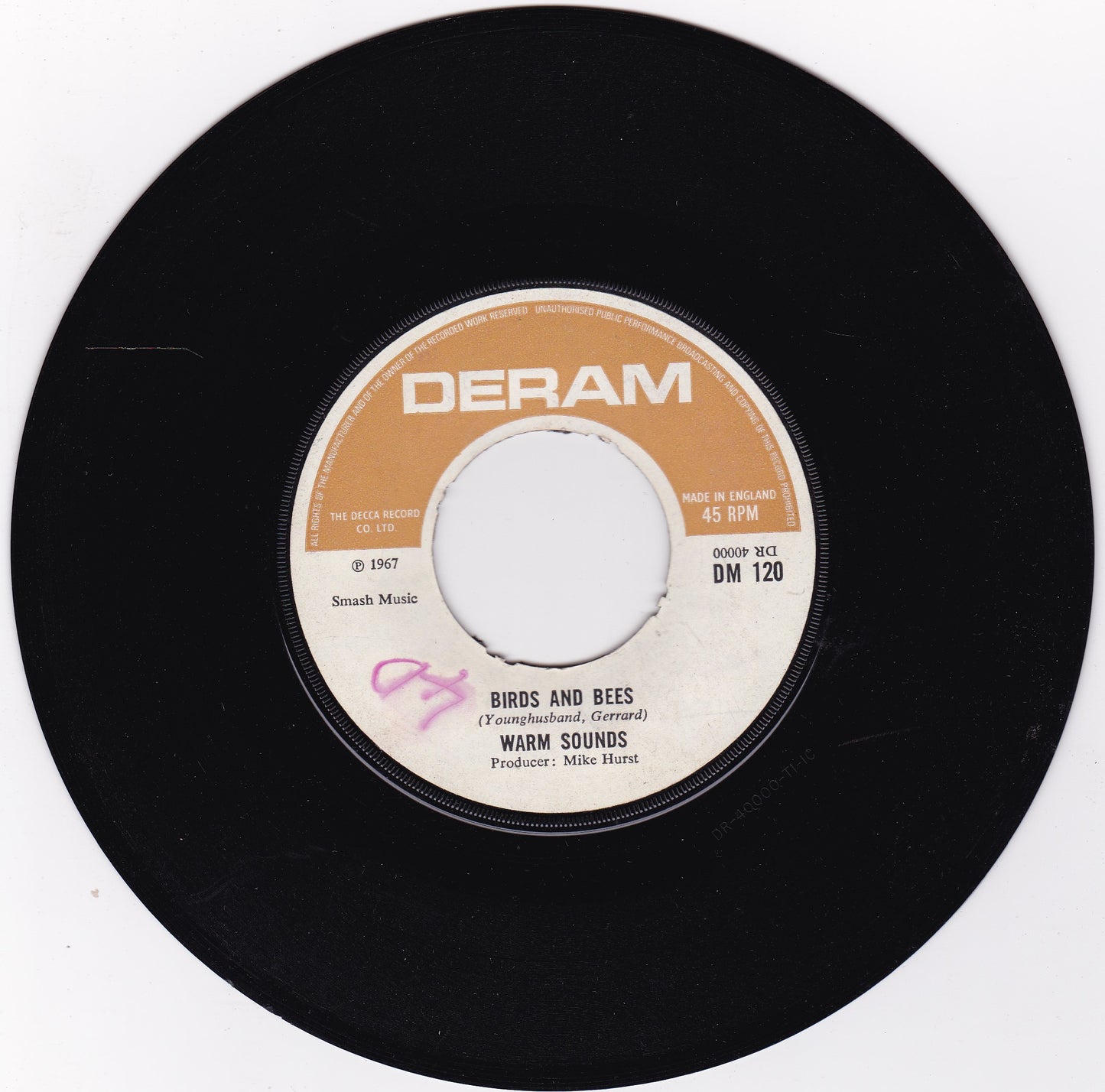 Warm Sounds ‎– Birds And Bees (Deram 1967) 7" vinyl single G+/- jukebox centre