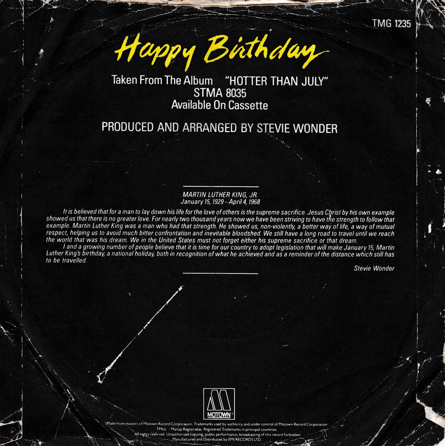 Stevie Wonder – Happy Birthday (Motown 1980) 7" vinyl single VG/G+