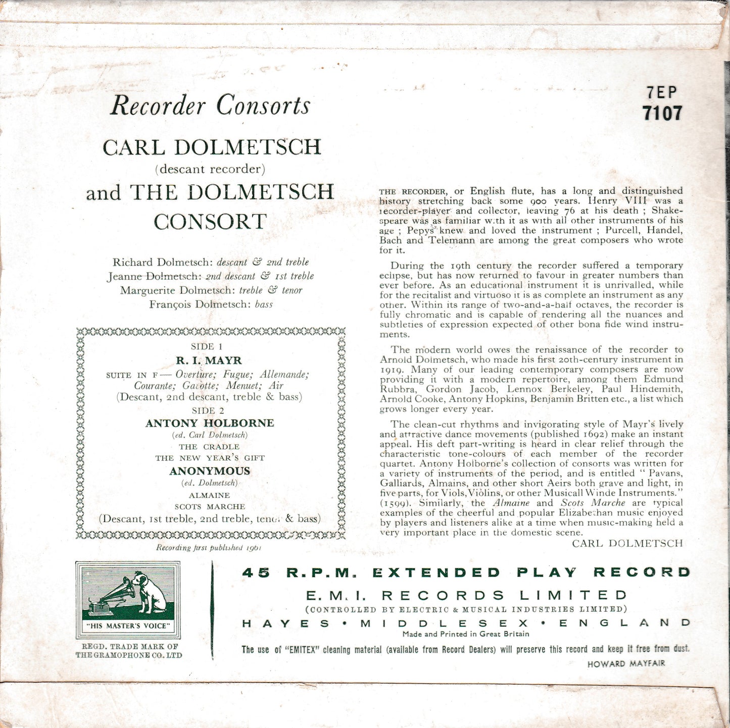 The Dolmetsch Consort – Recorder Consorts (HMV 1961) 7" vinyl P/S EP G+/VG