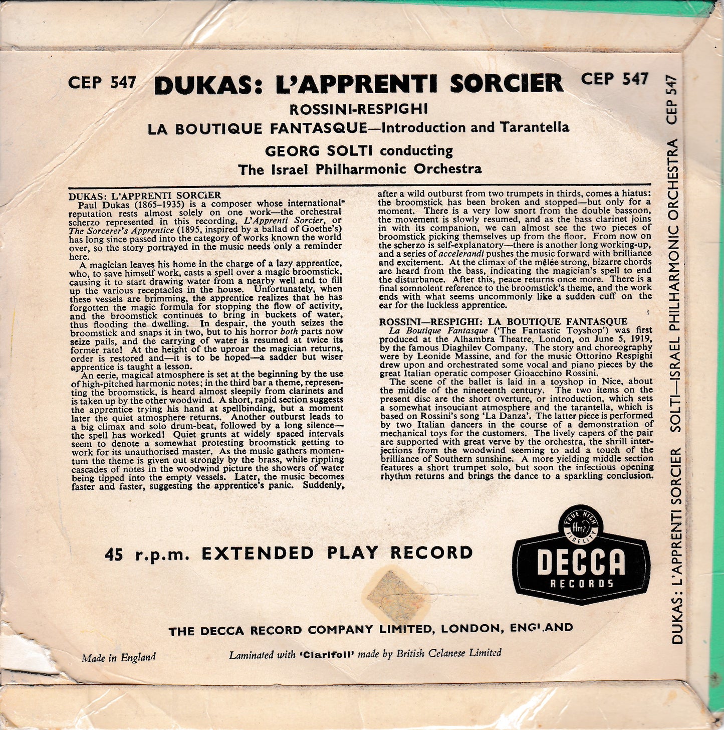 Dukas, Solti - L'Apprenti Sorcier (Decca) 7" vinyl P/S EP G+/G+