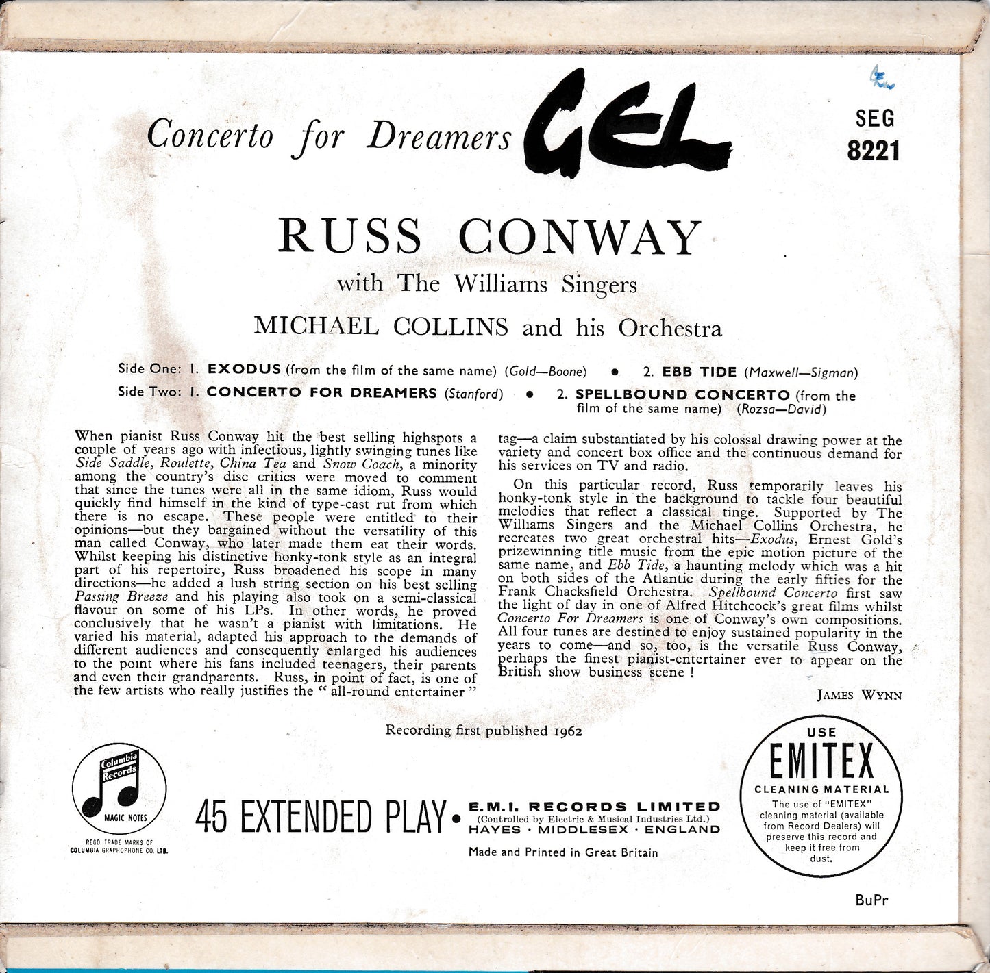 Russ Conway ‎– Concerto For Dreamers No.2 (Columbia 1962) 7" vinyl P/S EP VG/VG