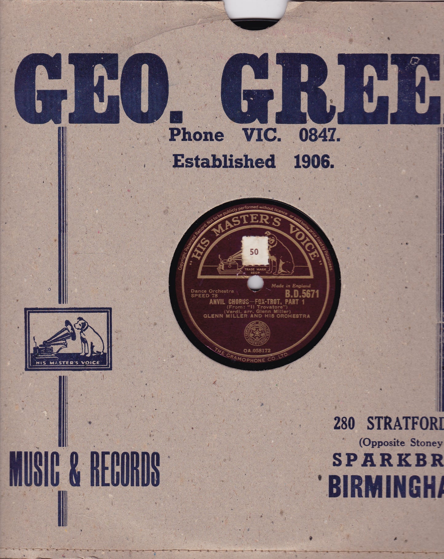 Glenn Miller And His Orchestra ‎– Anvil Chorus (HMV 1946) 10" shellac VG/VG