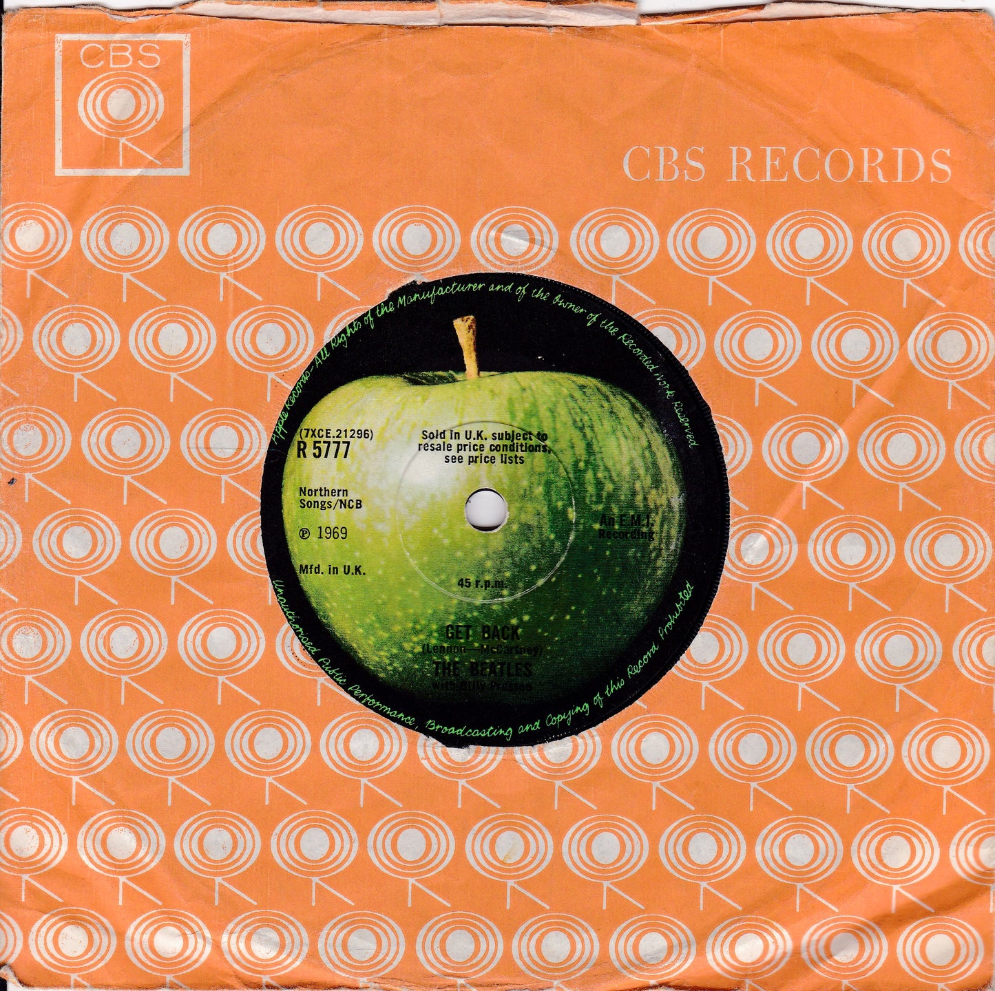 The Beatles With Billy Preston ‎– Get Back (Apple 1969) 7" vinyl single G/-