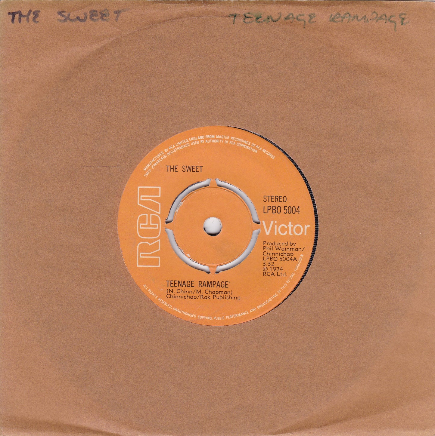 The Sweet ‎– Teenage Rampage (RCA 1974) 7" vinyl single G/-