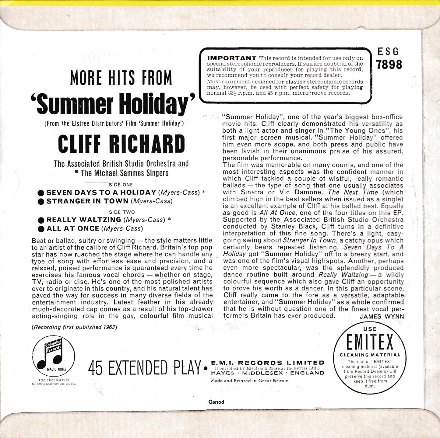 Cliff Richard And The Shadows – More Hits From "Summer Holiday" 7" vinyl P/S EP VG/VG