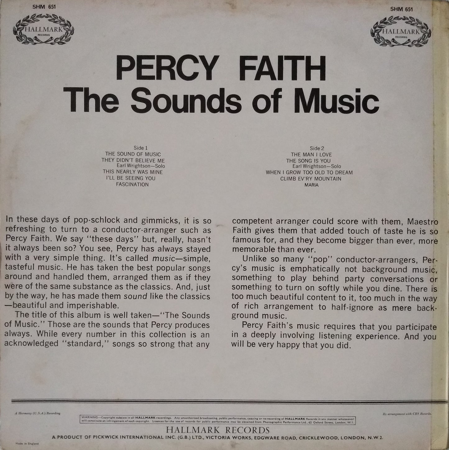 Percy Faith ‎– The Sounds Of Music (Hallmark 1969) 12" vinyl LP VG/VG