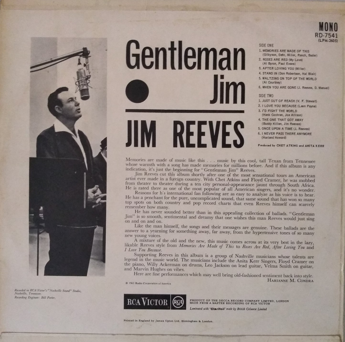 Jim Reeves – Gentleman Jim (RCA 1963) 12" vinyl LP VG/VG