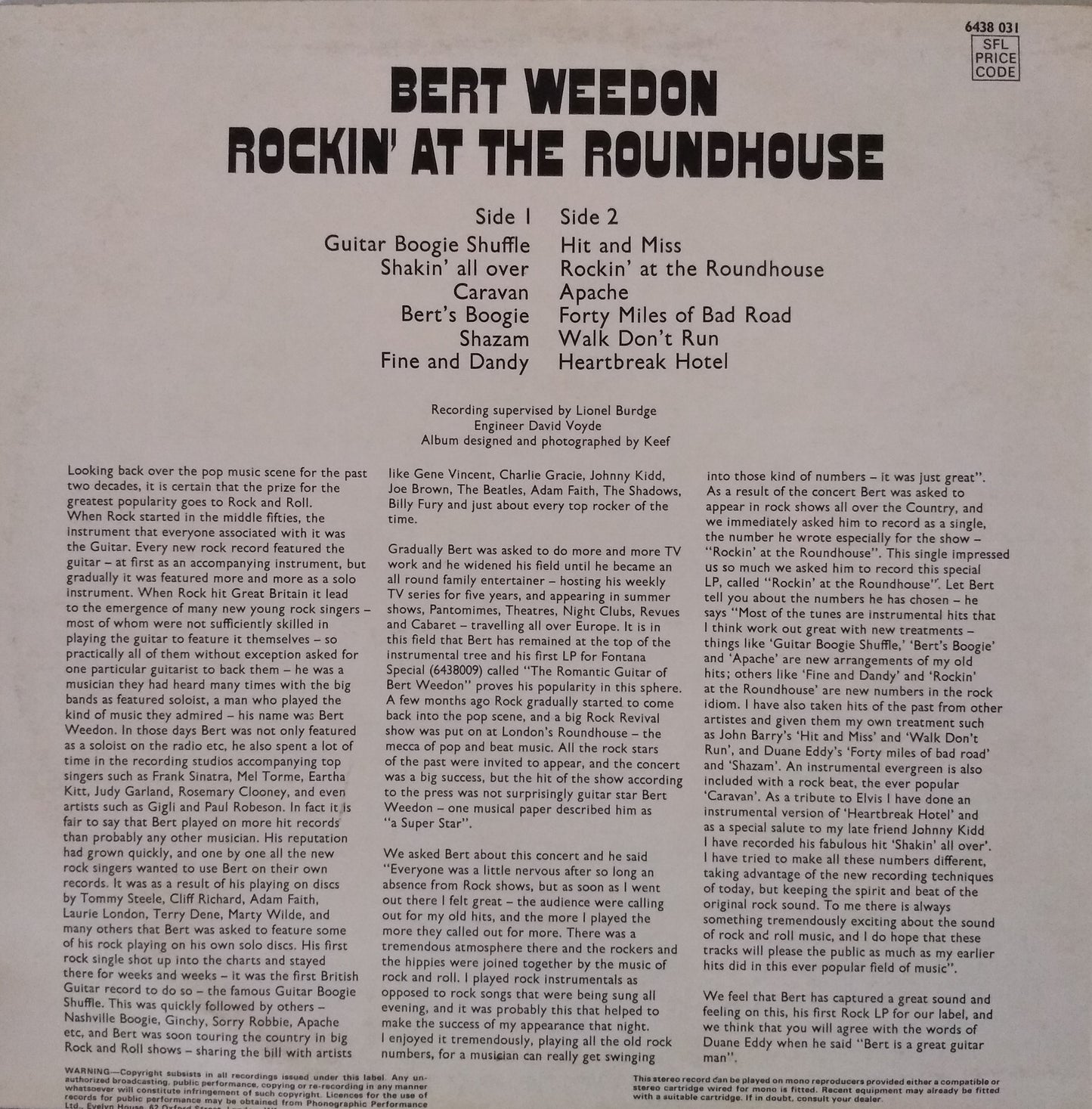 Bert Weedon – Rockin' At The Roundhouse (Fontana 1970) 12" vinyl LP VG/VG