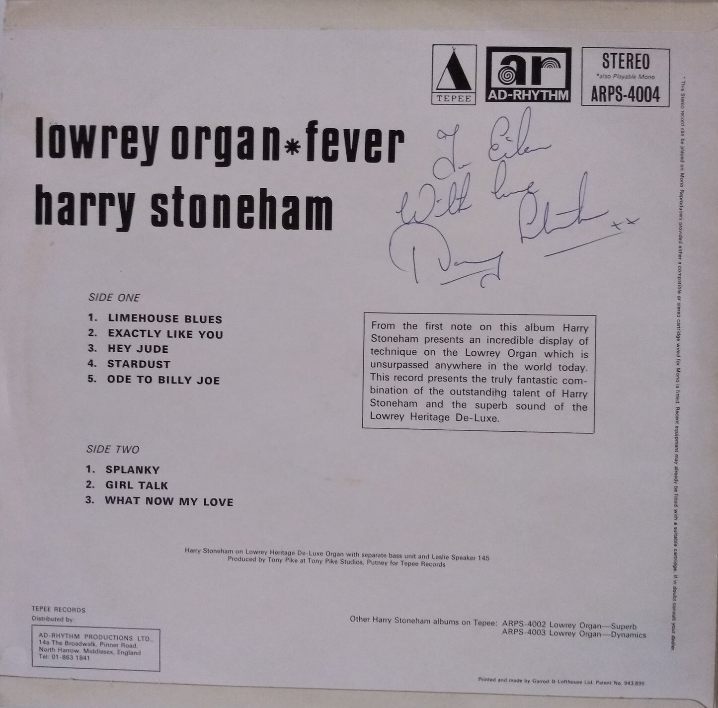 Harry Stoneham – Lowrey Organ - Fever (Ad-Rhythm 1971) 12" vinyl LP VG/VG