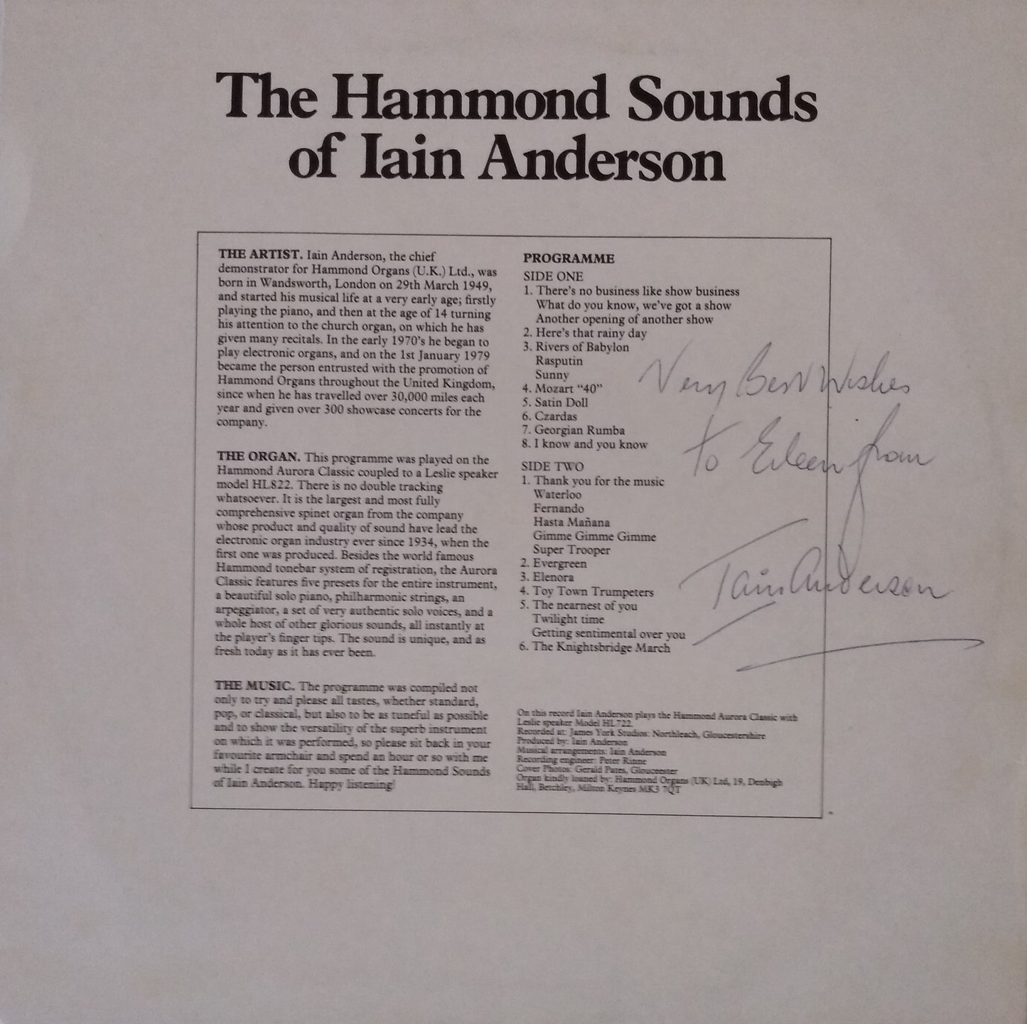 Iain Anderson – The Hammond Sounds Of Iain Anderson 12" vinyl LP VG/VG