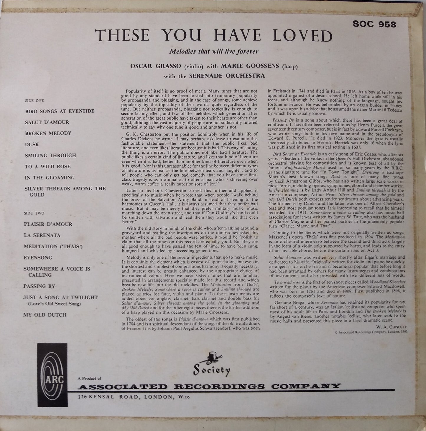 Oscar Grasso With Marie Goossens With The Serenade Orchestra – These You Have Loved 12" LP VG/VG