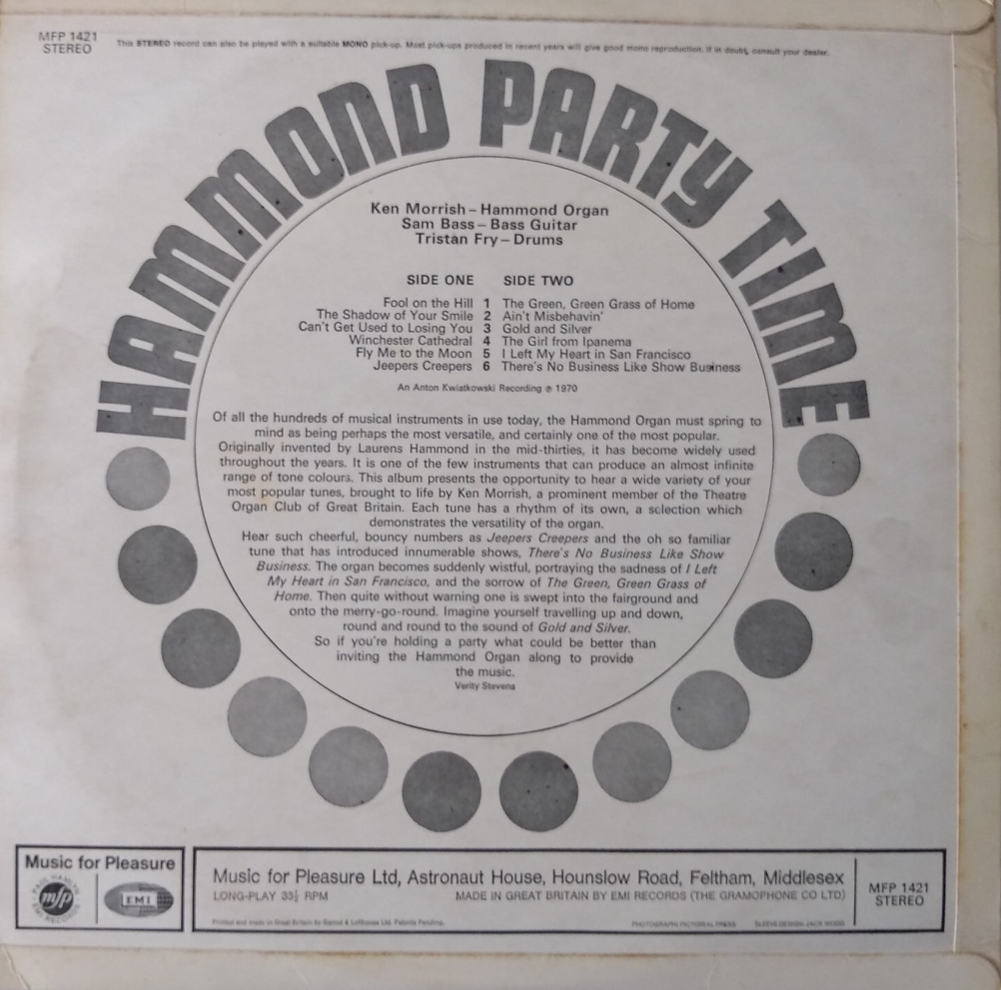 Ken Morrish ‎– Hammond Party Time (EMI 1970) 12" vinyl LP VG/VG