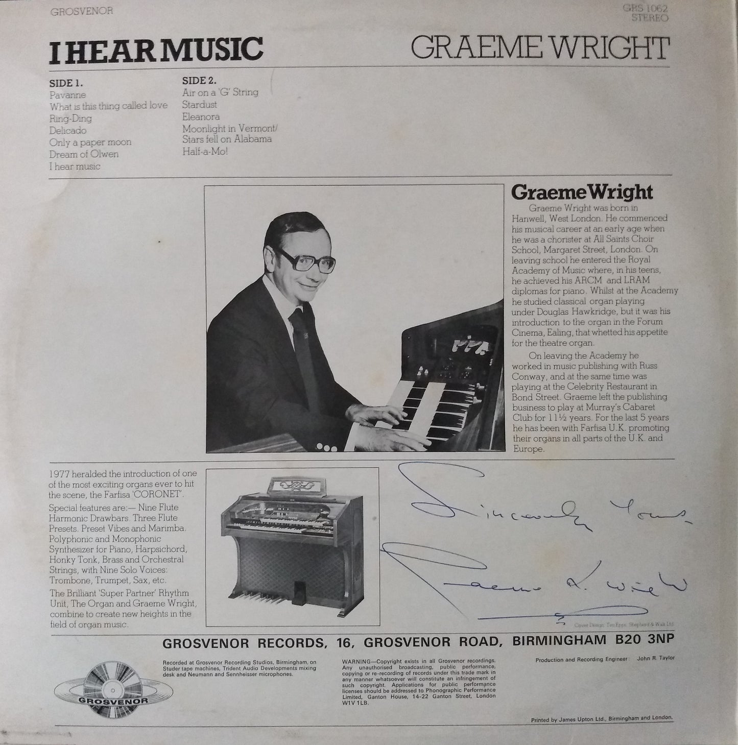 Graeme Wright – I Hear Music (Grosvenor 1977) 12" vinyl LP VG/VG