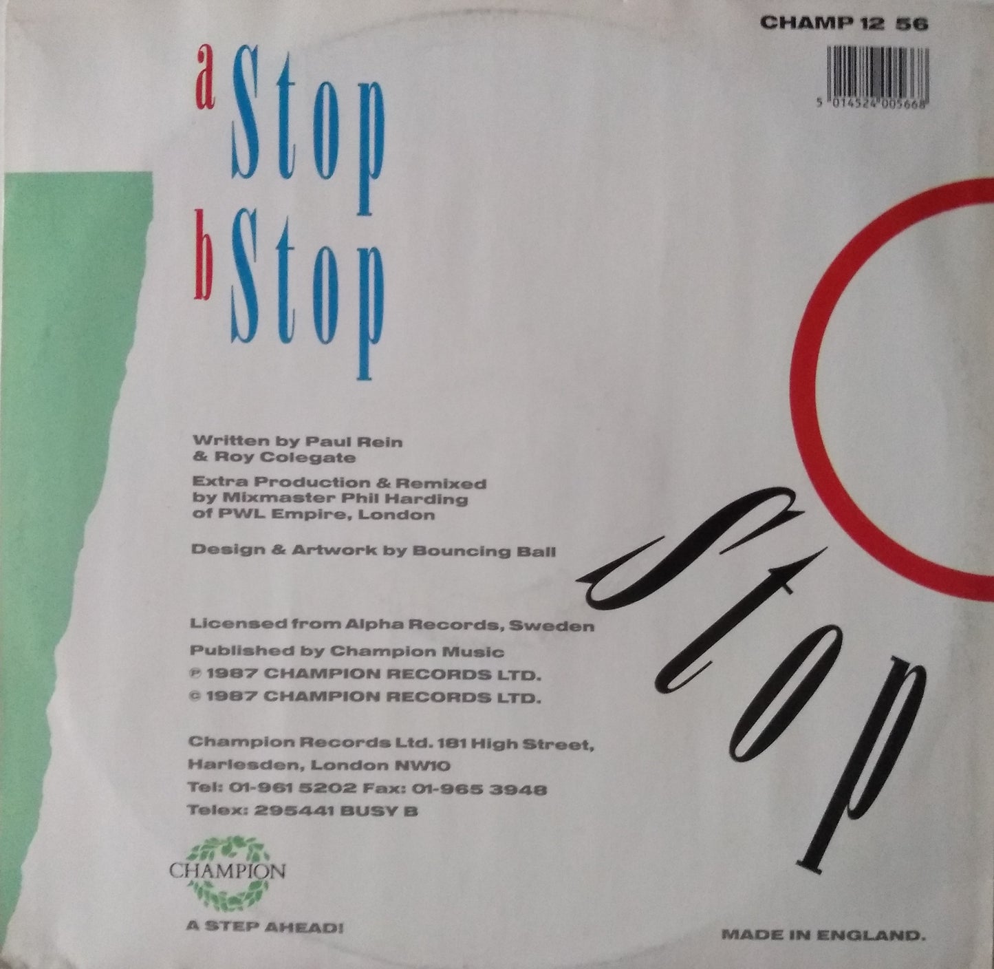 Paul Rein ‎– Stop (Champion 1988) 12" vinyl P/S single VG/VG