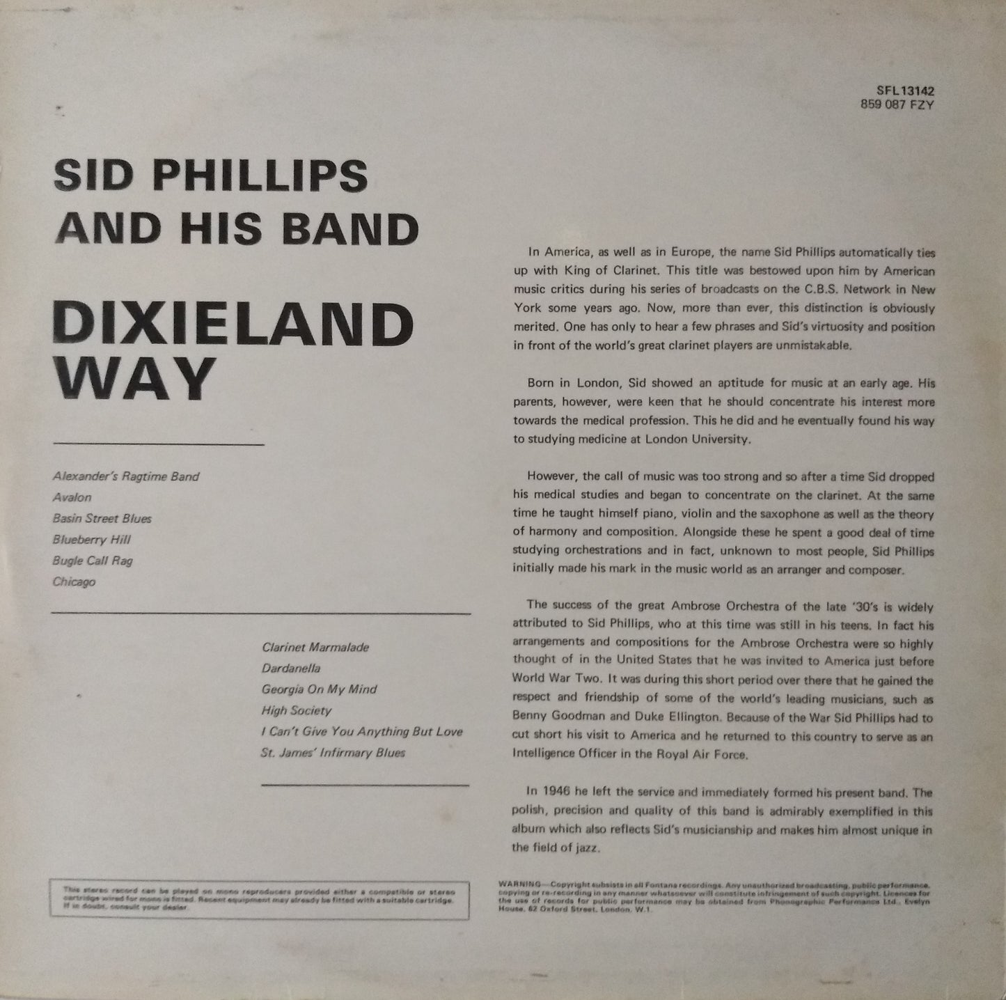 Sid Phillips Band ‎– Dixieland Way (Fontana 1969) 12" vinyl LP VG/VG