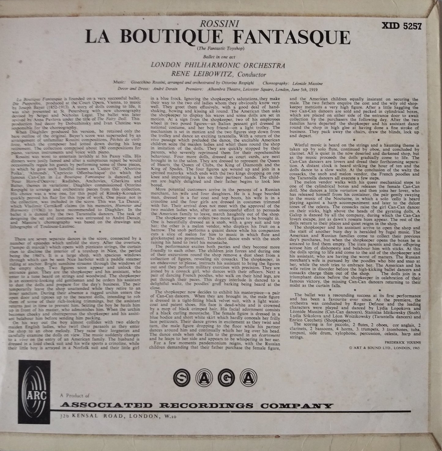 Rossini, Respighi, London Philharmonic Orchestra ‎– La Boutique Fantasque = The Fantastic Toyshop (Saga 1965) 12" vinyl LP VG/VG