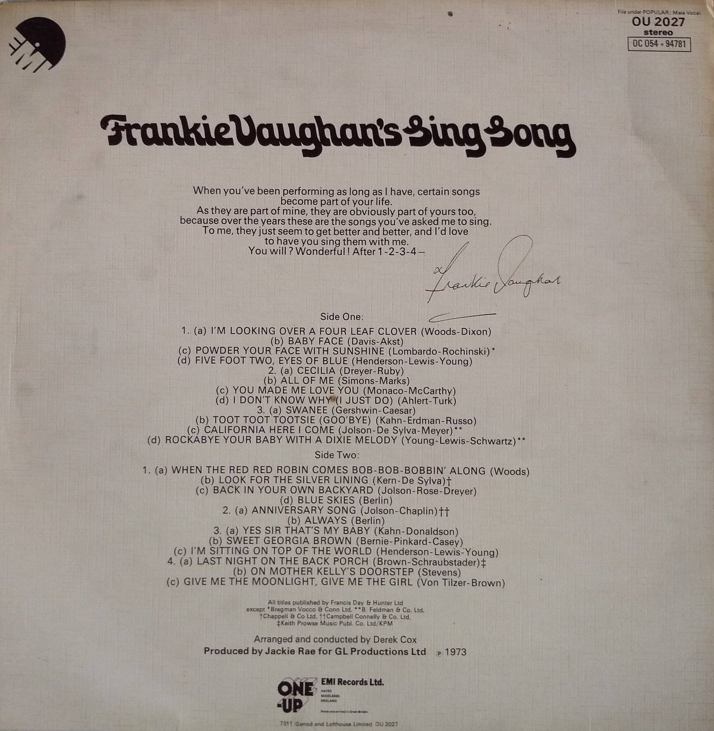 Frankie Vaughan ‎– Frankie Vaughan's Sing Song (One-Up 1973) 12" vinyl LP VG/VG