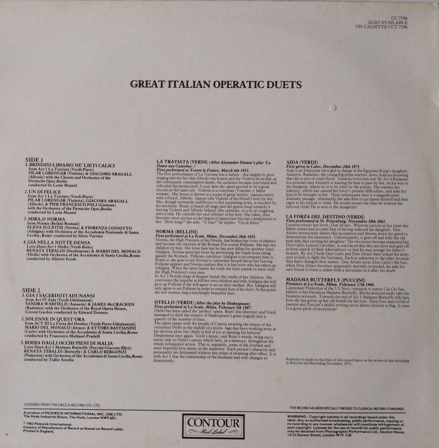 Various – Great Italian Operatic Duets (Contour 1983) 12" vinyl LP VG/VG