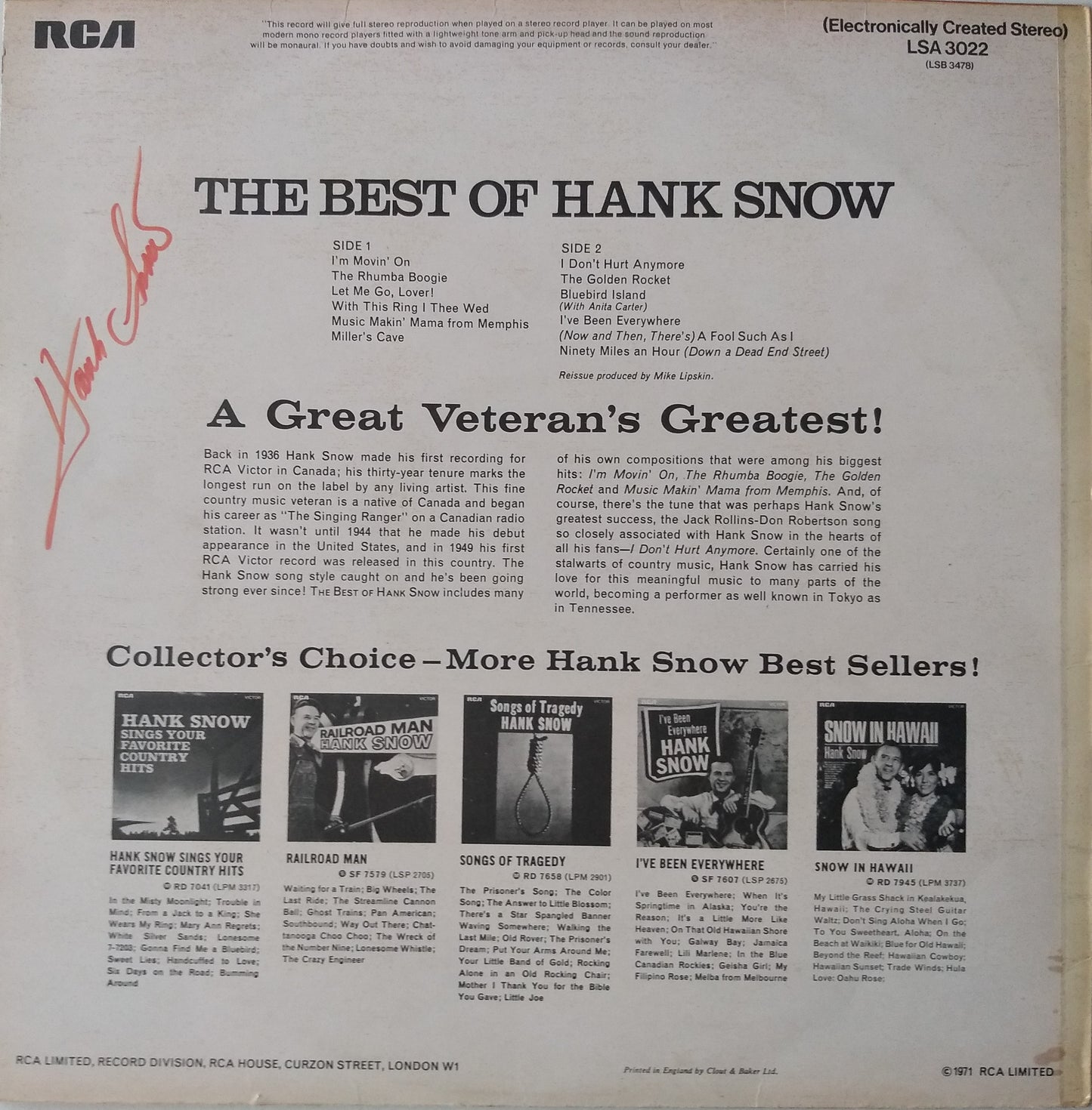 Hank Snow ‎– The Best Of (RCA 1971) 12" vinyl LP VG/VG