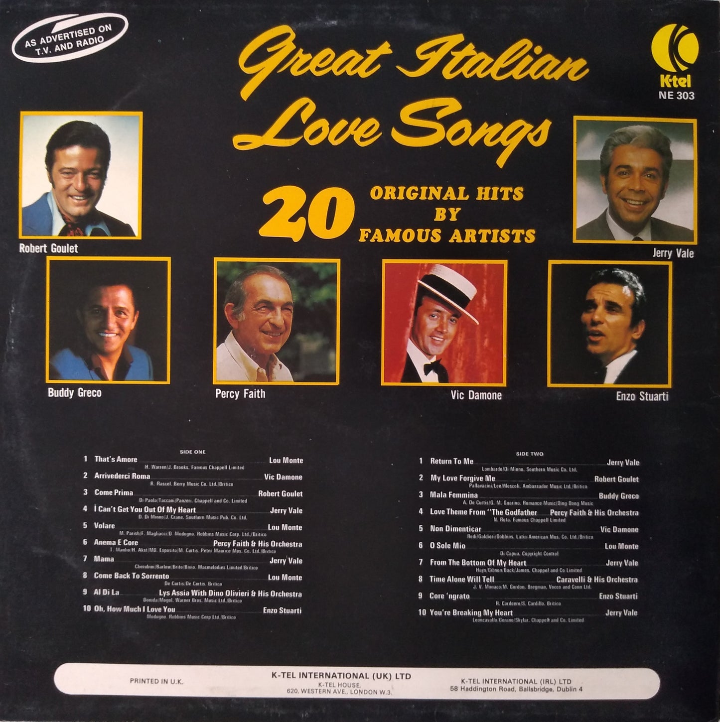 Various – Great Italian Love Songs (K-Tel) 12" vinyl LP VG/VG