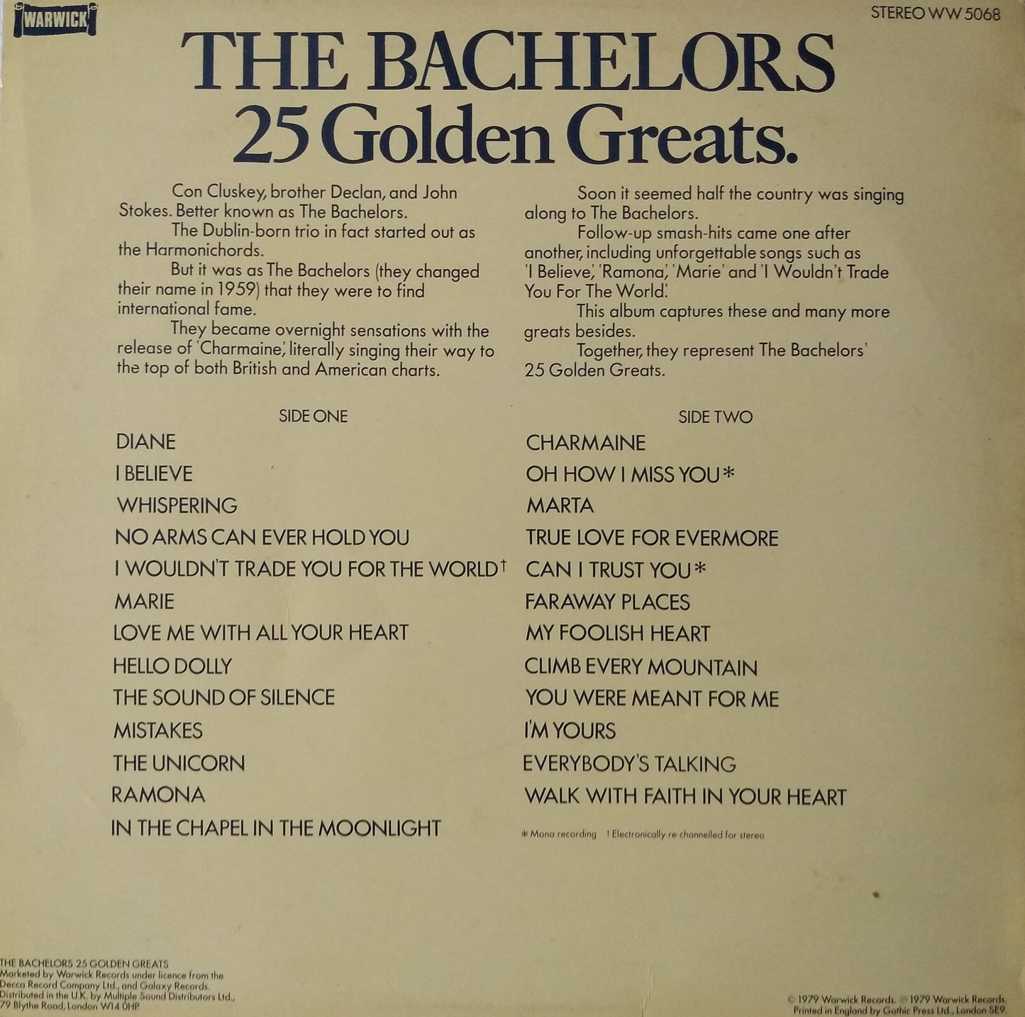 The Bachelors – 25 Golden Greats (Warwick 1979) 12" vinyl LP VG/VG