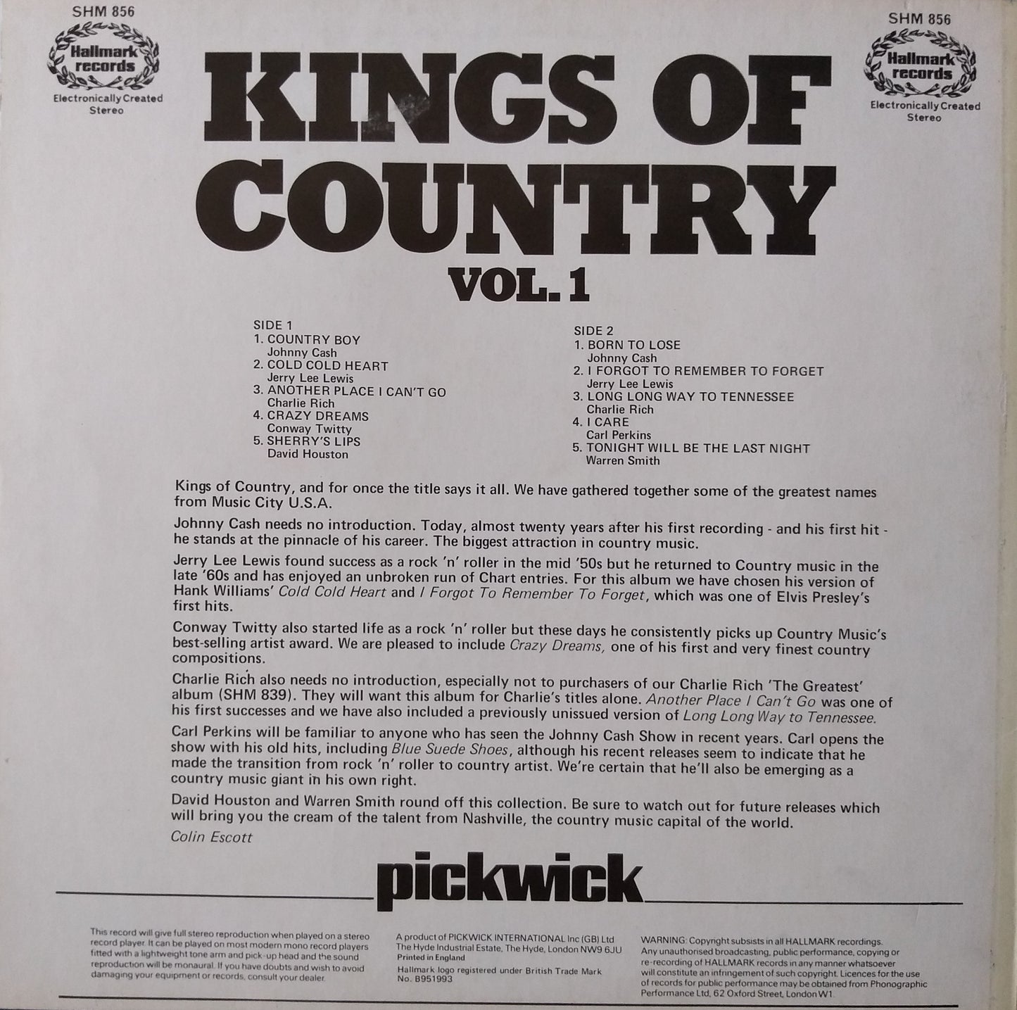 Various ‎– Kings Of Country, Vol. 1 (Hallmark 1974) 12" vinyl LP VG/VG compilation