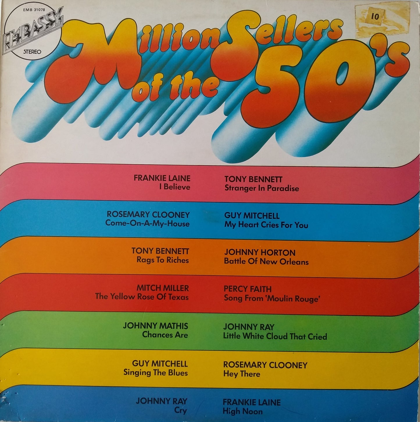 Various – Million Sellers Of The 50's (Embassy 1974) 12" vinyl LP VG/G+ compilation