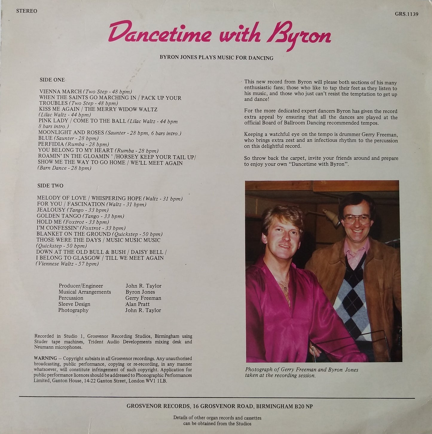 Byron Jones ‎– Dancetime With Byron (Grosvenor 1983) 12" vinyl LP VG/G+