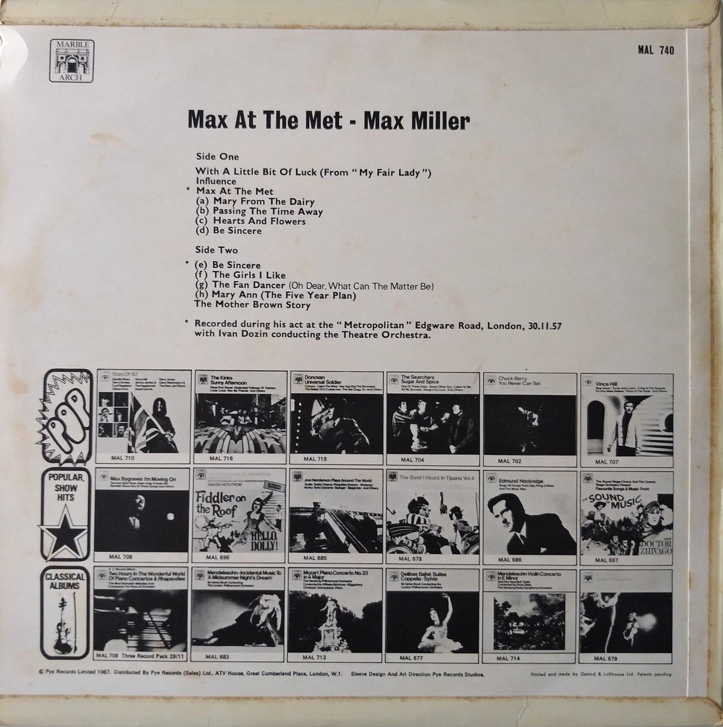 Max Miller ‎– Max At The Met (Marble Arch 1967) 12" vinyl LP reissue VG/VG
