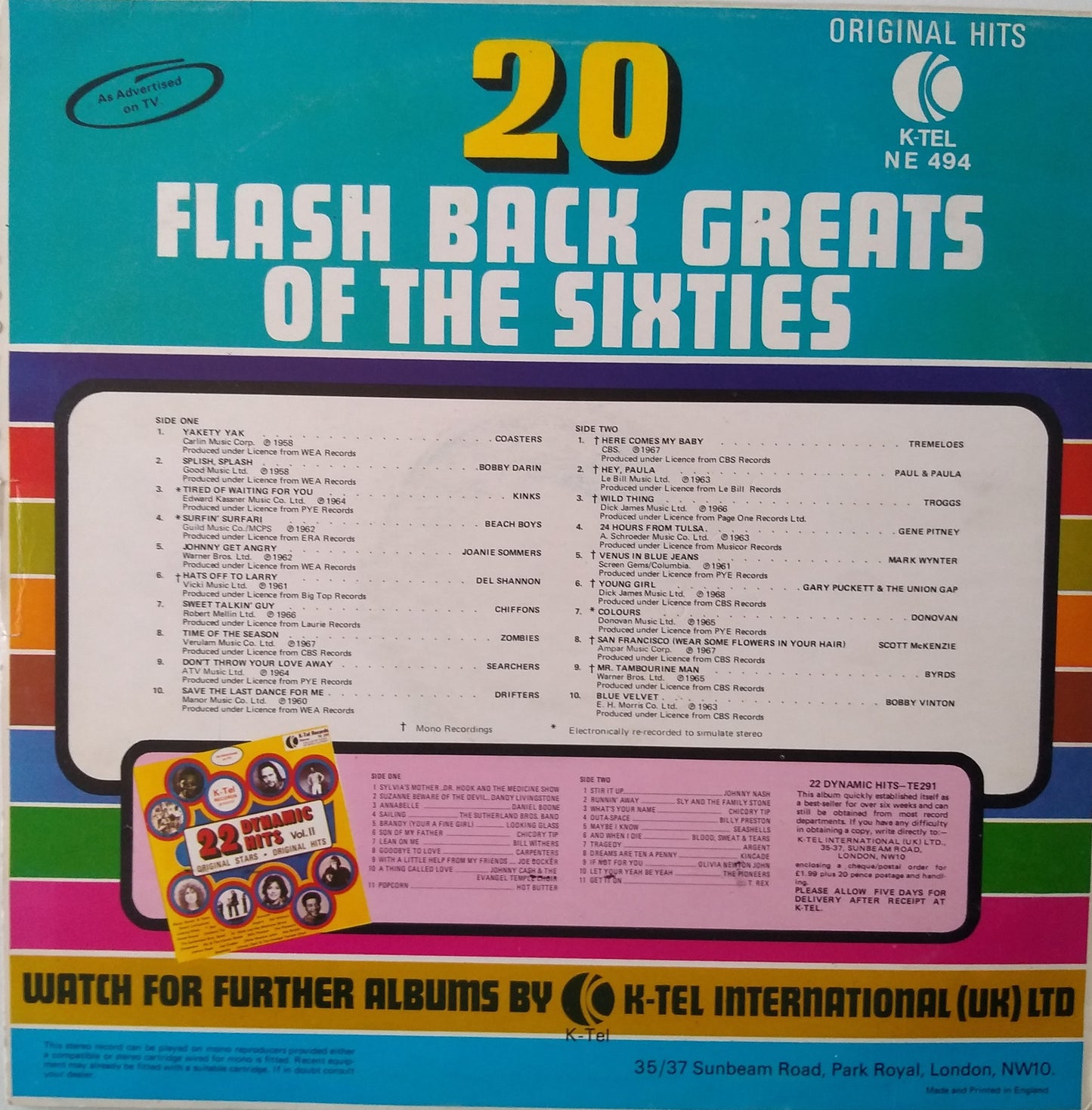 Various ‎– 20 Flash Back Greats Of The Sixties (K-Tel 1973) 12" vinyl LP VG/VG