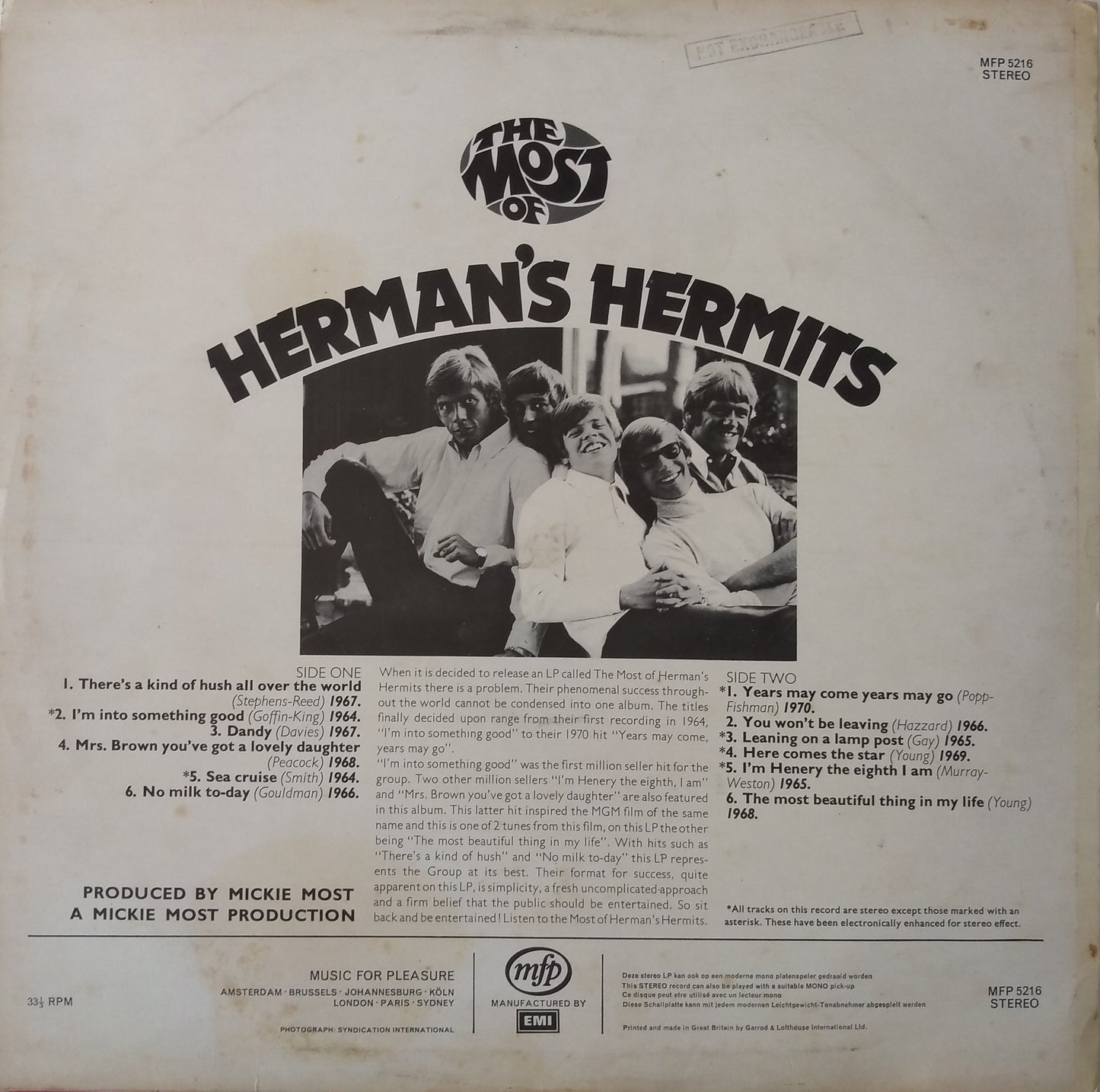 Herman's Hermits ‎– The Most Of Herman's Hermits (EMI 1971) 12" vinyl LP VG/VG