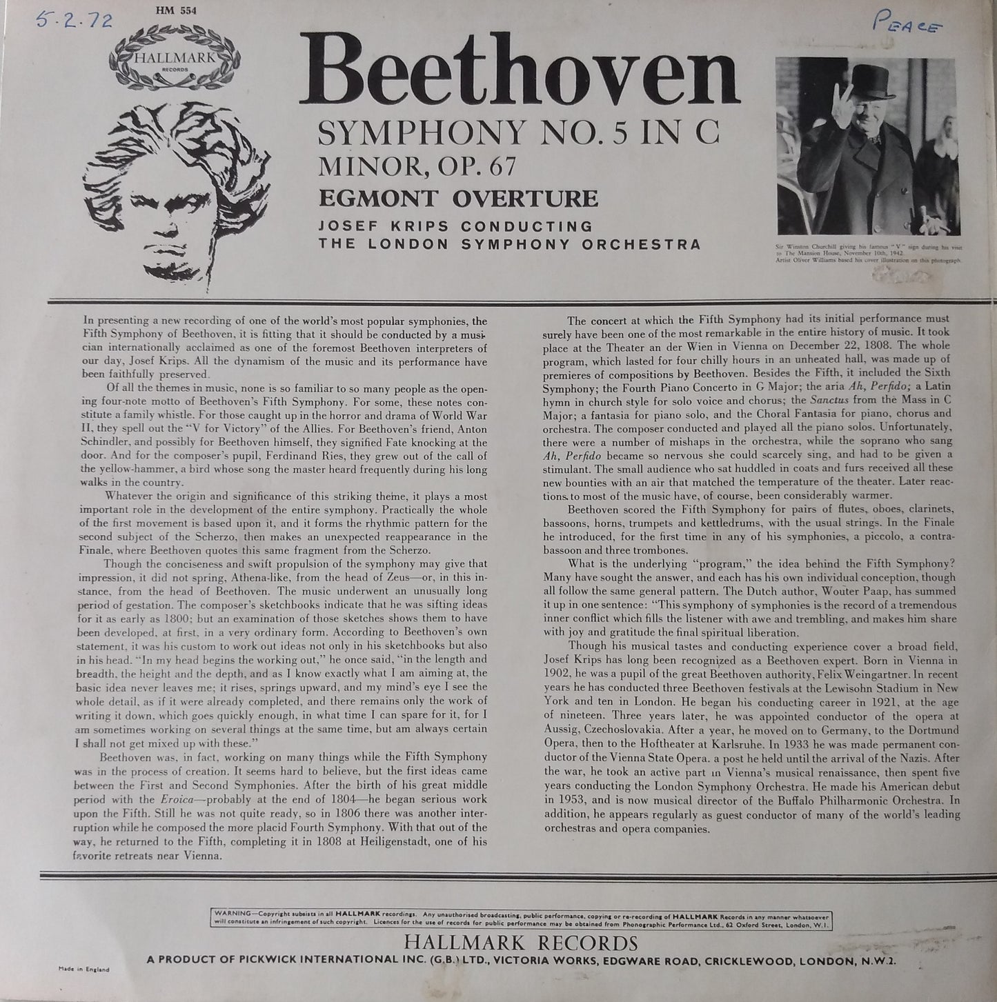 Beethoven / London Symphony Orchestra / Krips ‎– The Victory Symphony (Symphony No.5 In C Major, Op.67) 12" vinyl LP VG/VG