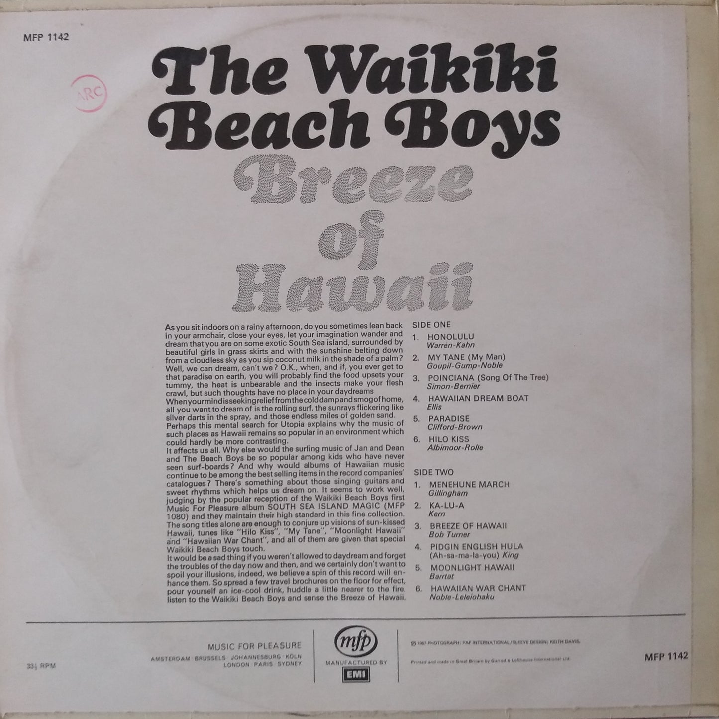 The Waikiki Beach Boys – Breeze Of Hawaii (EMI 1967) 12" vinyl LP VG/VG mono