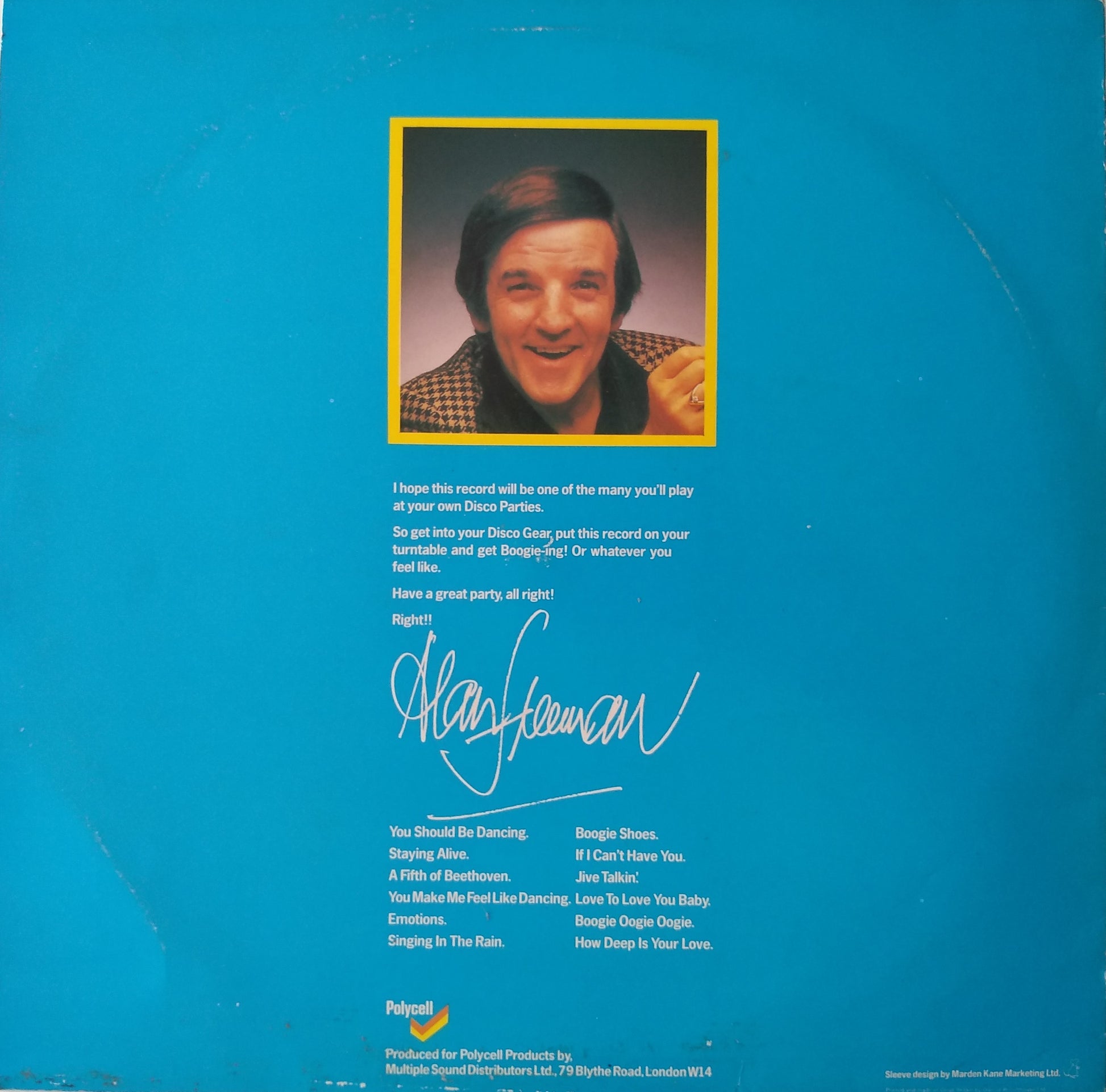 Back cover of a vinyl record with a blue background, featuring a portrait of a man and text.