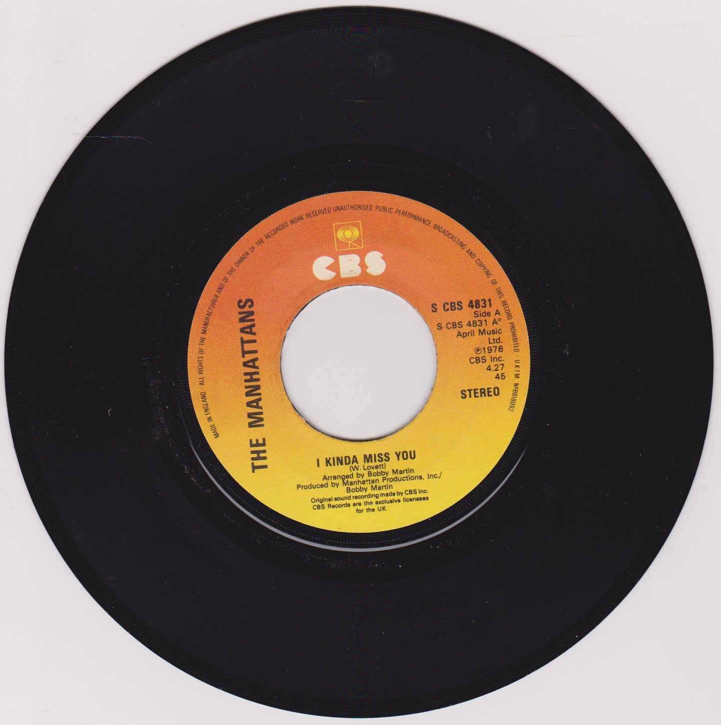 Manhattans - I Kinda Miss You (CBS 1977) 7" vinyl single VG/- jukebox centre