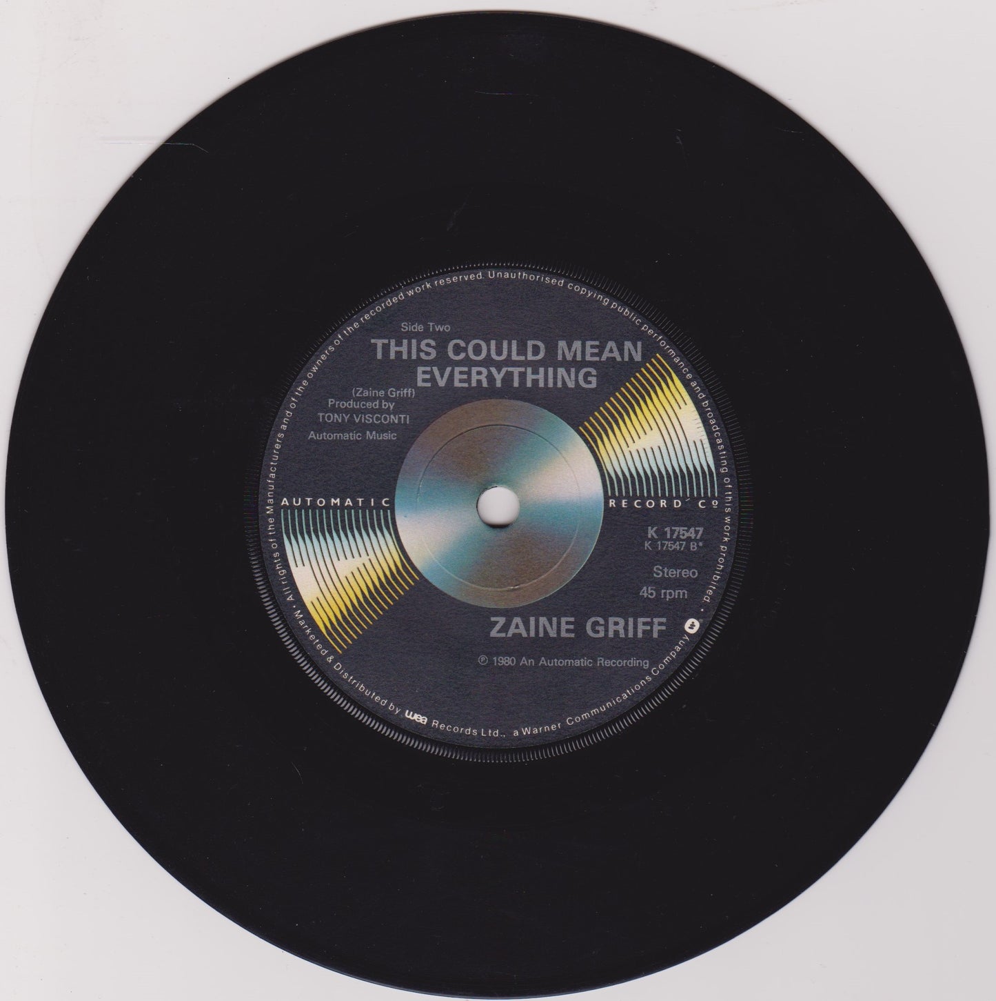 Zaine Griff - Tonight (Automatic 1980) 7" vinyl single VG/-