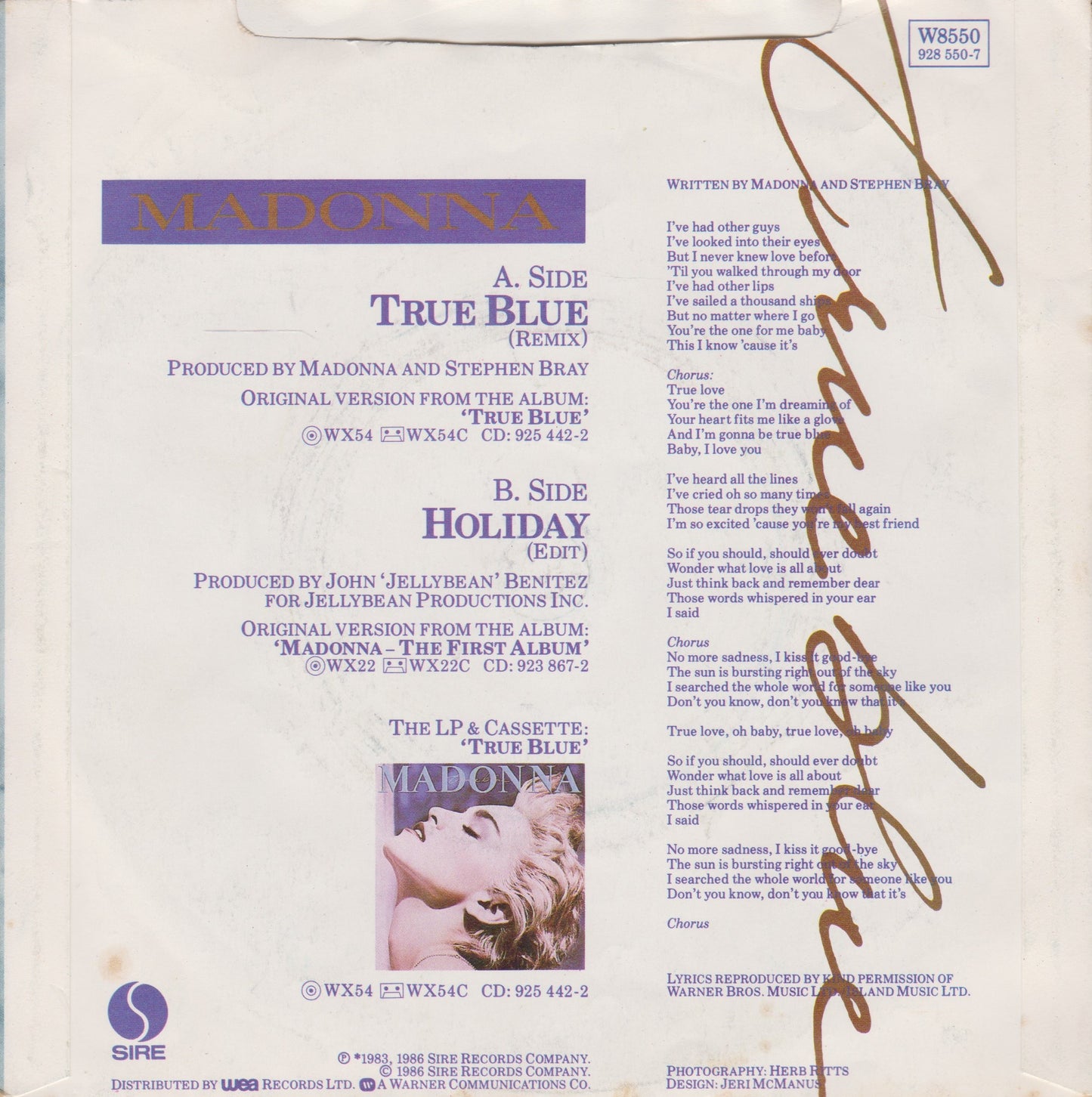 Madonna – True Blue (Remix) (Sire 1986) 7" vinyl P/S single VG/VG