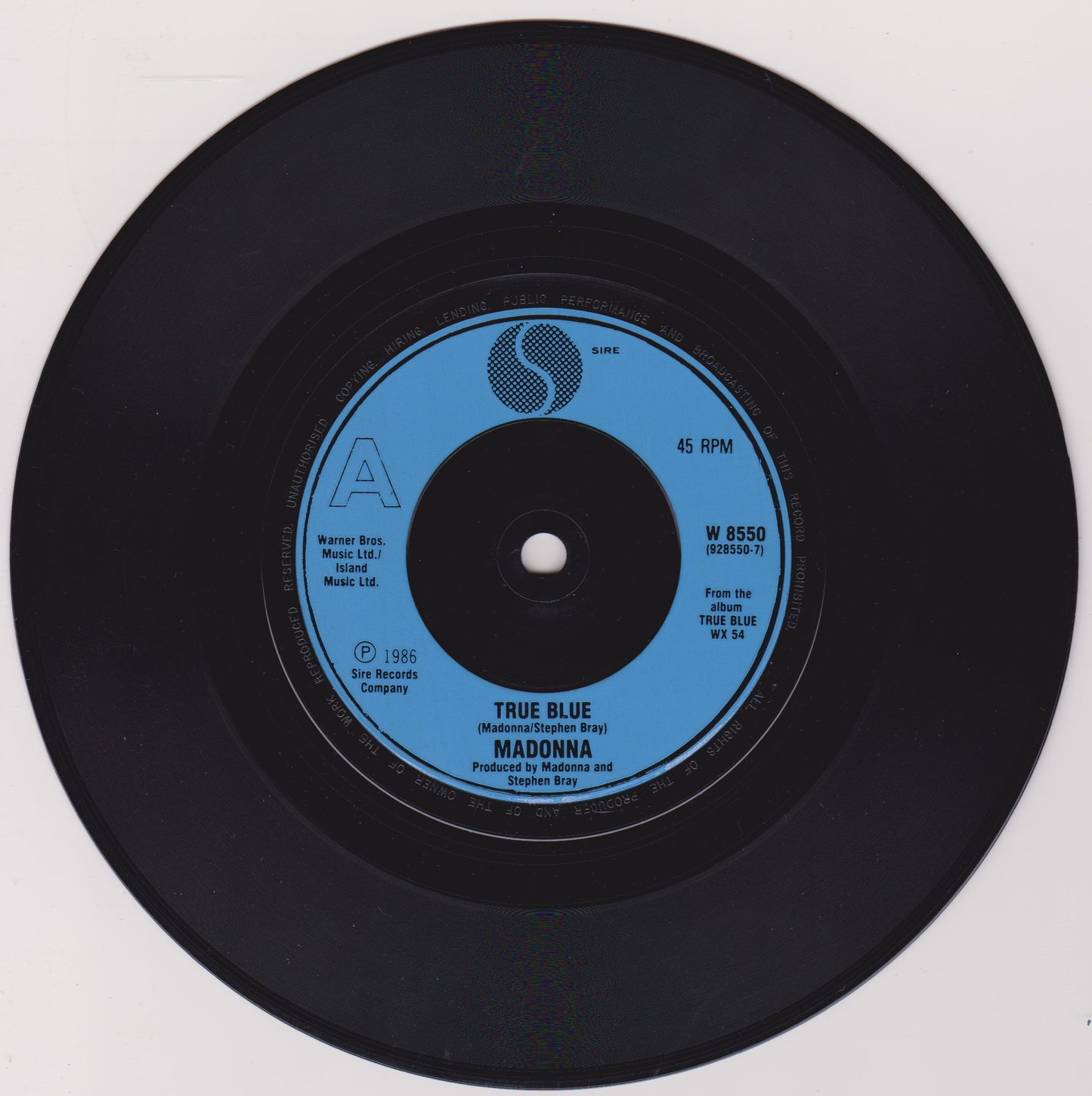 Madonna – True Blue (Remix) (Sire 1986) 7" vinyl P/S single VG/VG